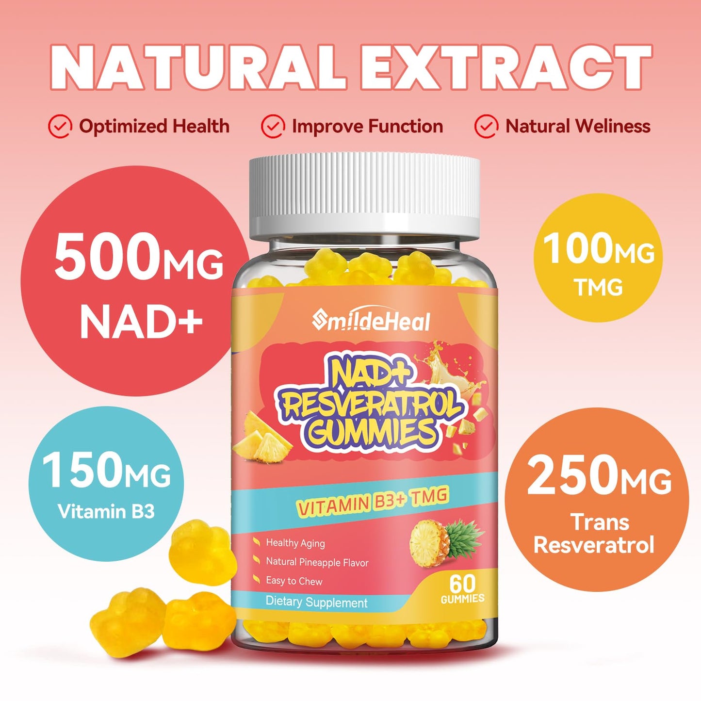 SmildeHeal NAD+ Resveratrol Gummies – NAD+ Supplement 500mg with Vitamin B3 & TMG – Healthy Aging, Energy & Cellular Health Support – Vegan Friendly, Natural Pectin – 60 Gummies