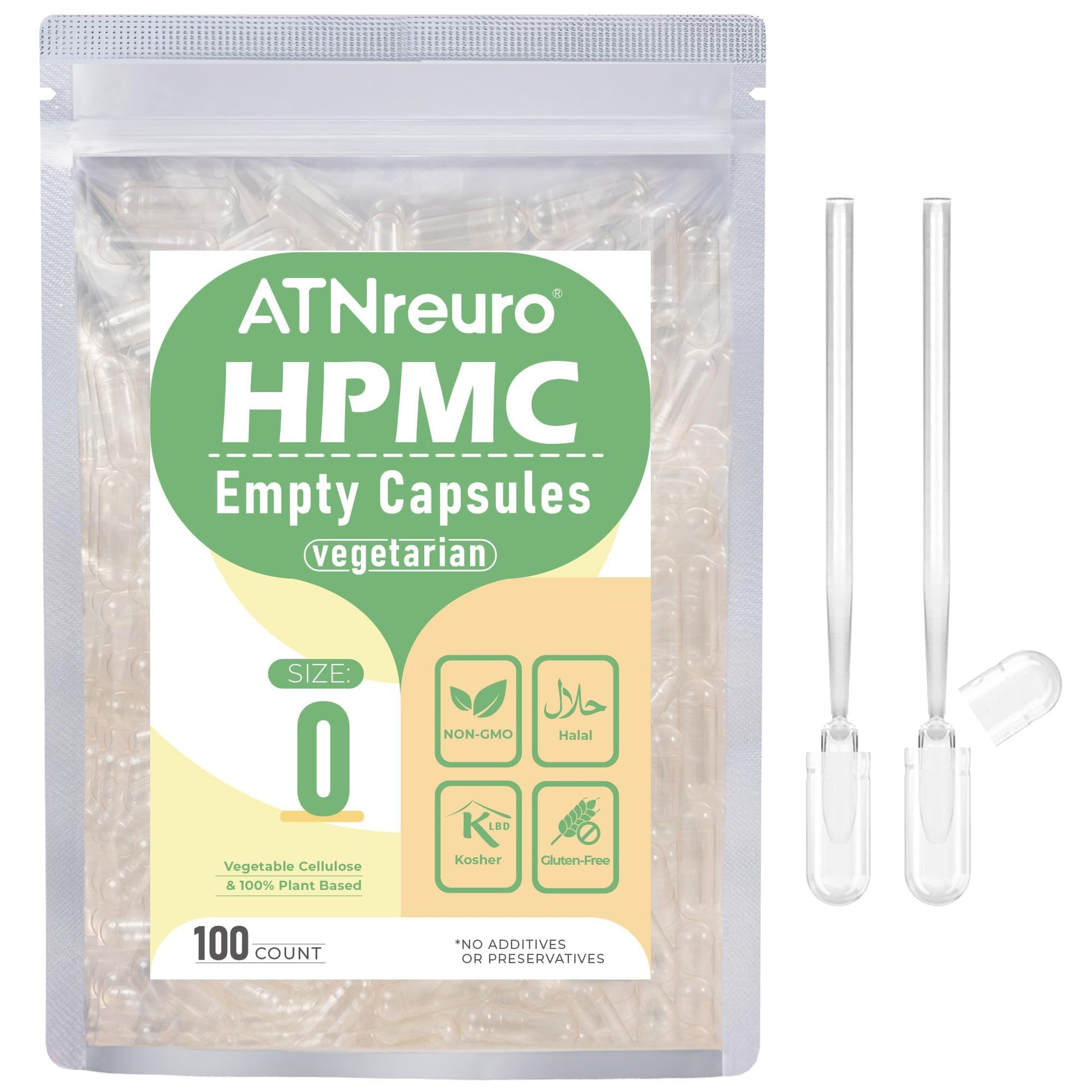 ATNreuro Size 0 Empty Vegan Capsules, 100 Count