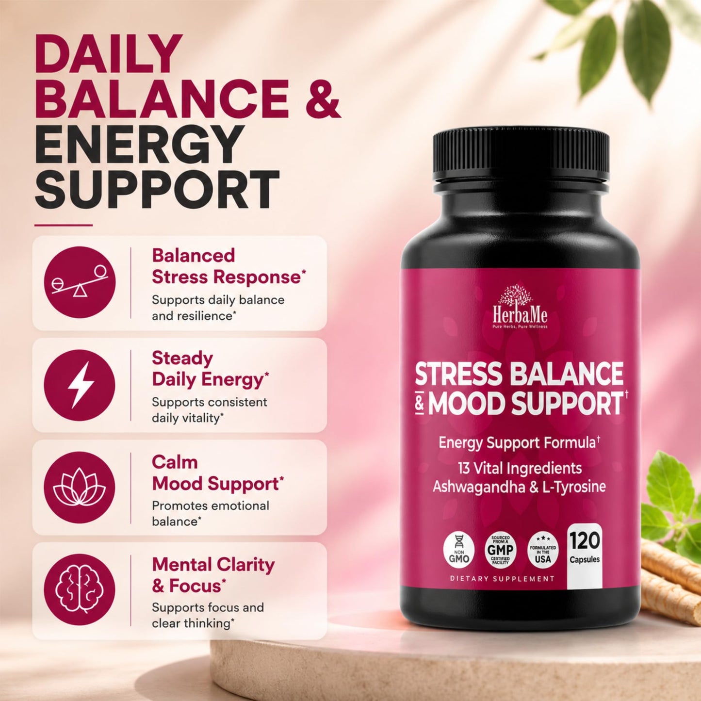 HerbaMe Stress & Mood Support Supplement with Ashwagandha & L-Tyrosine Capsules 120
