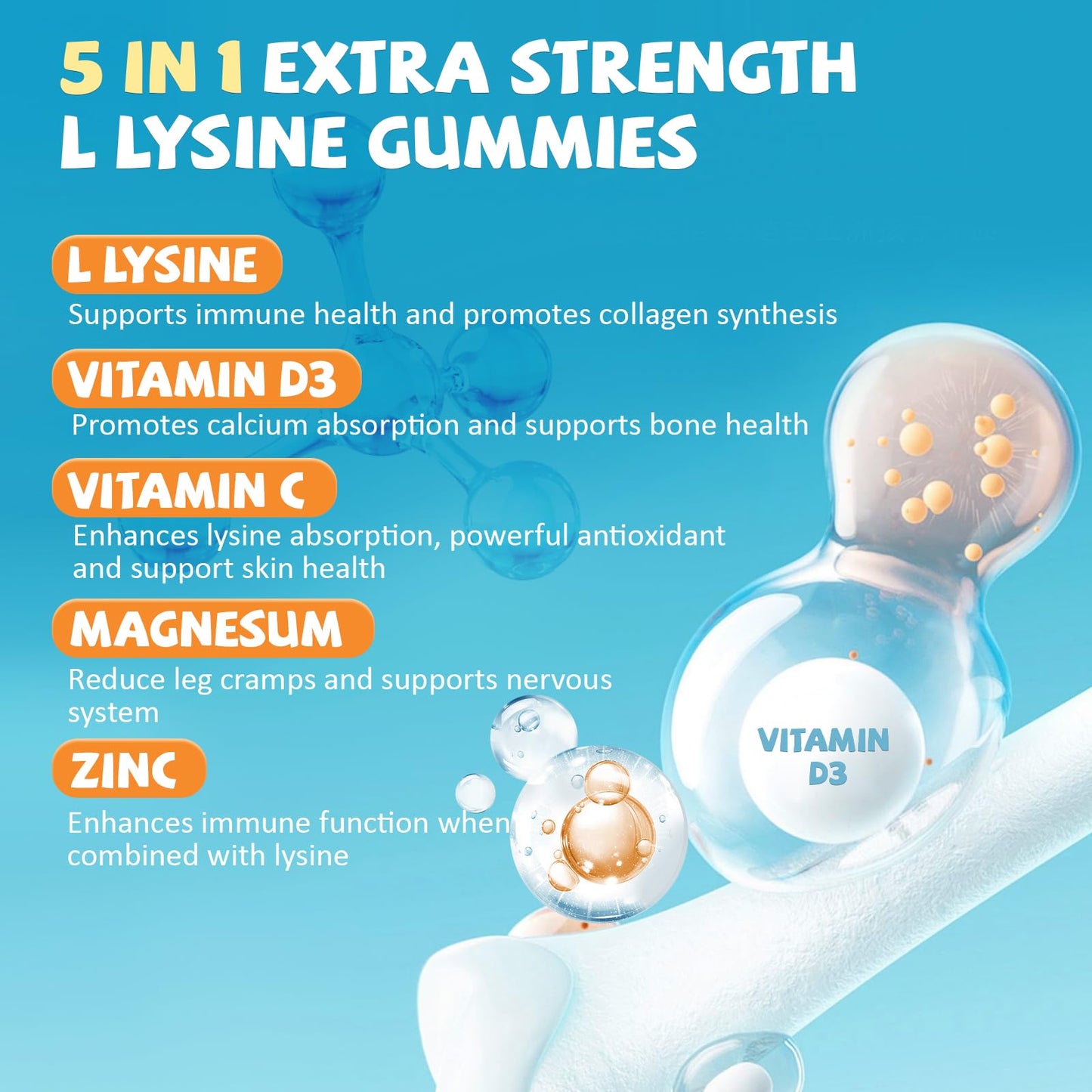 PYUNAFIT L-Lysine Gummies 1000mg, 5 in 1 Extra Strength for Immune Support, Skin & Lip Health, Chewable Lysine Supplement for Kids & Adults, 60 Count
