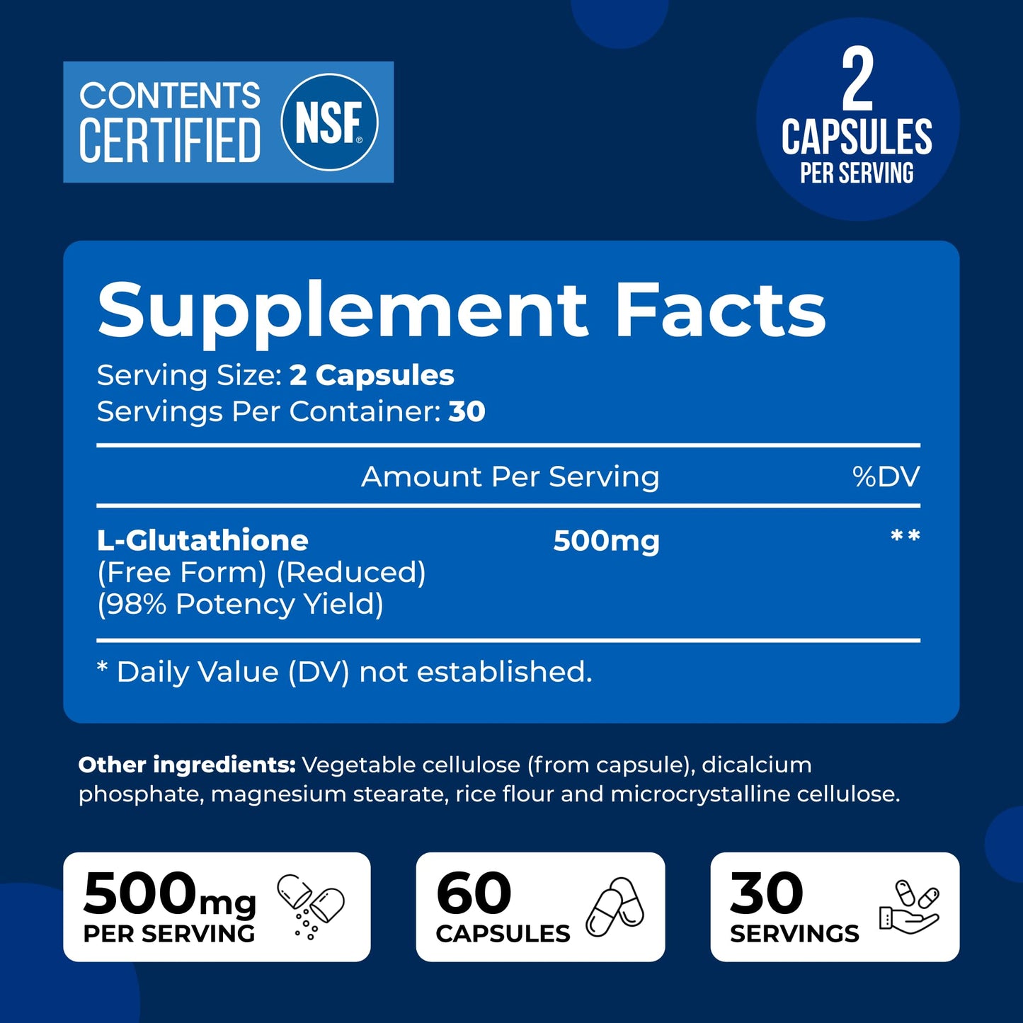 We Like Vitamins NSF Certified Glutathione Supplement 500mg Reduced L-Glutathione Capsule 60 Count