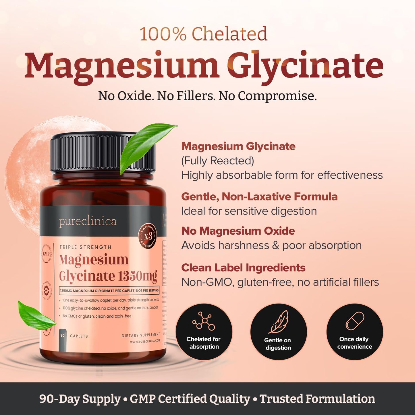 PureClinica Triple Strength Magnesium Glycinate 1350mg Caplets, 90 Count