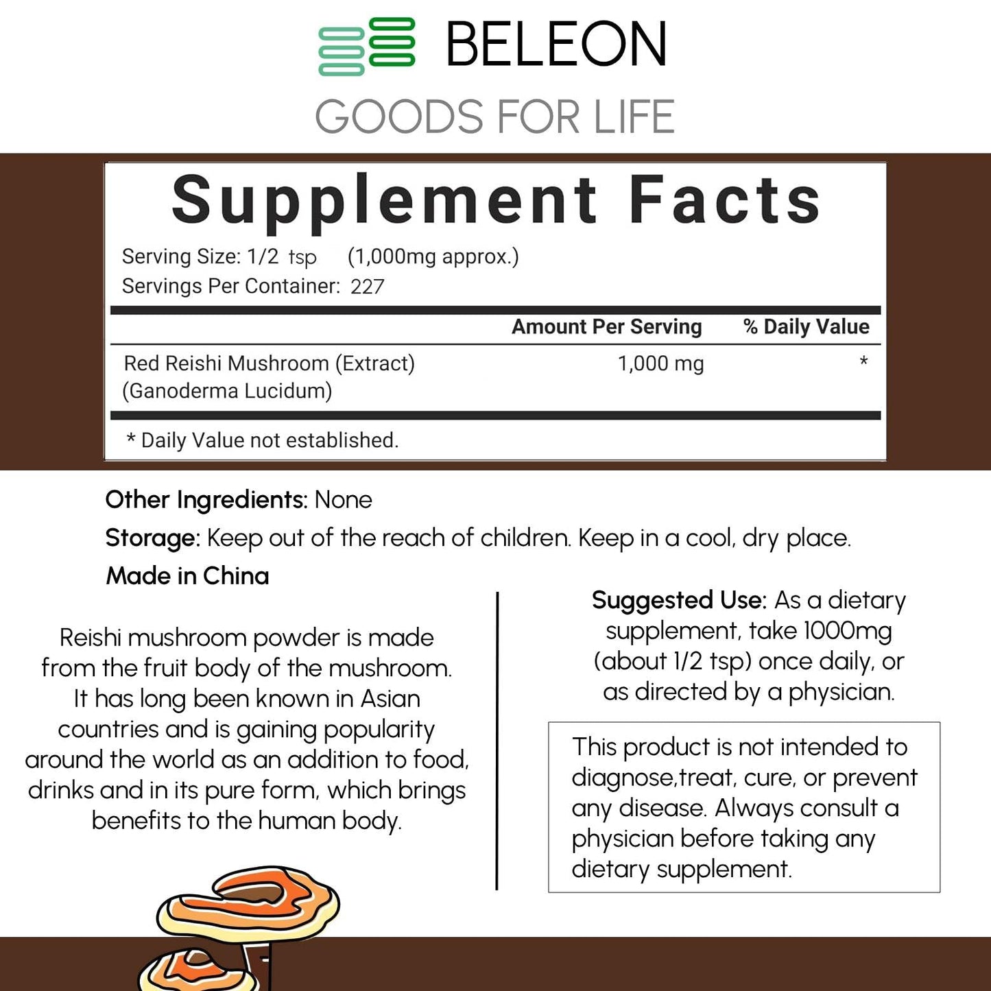 Beleon Goods For Life Reishi Mushroom Powder 8 oz