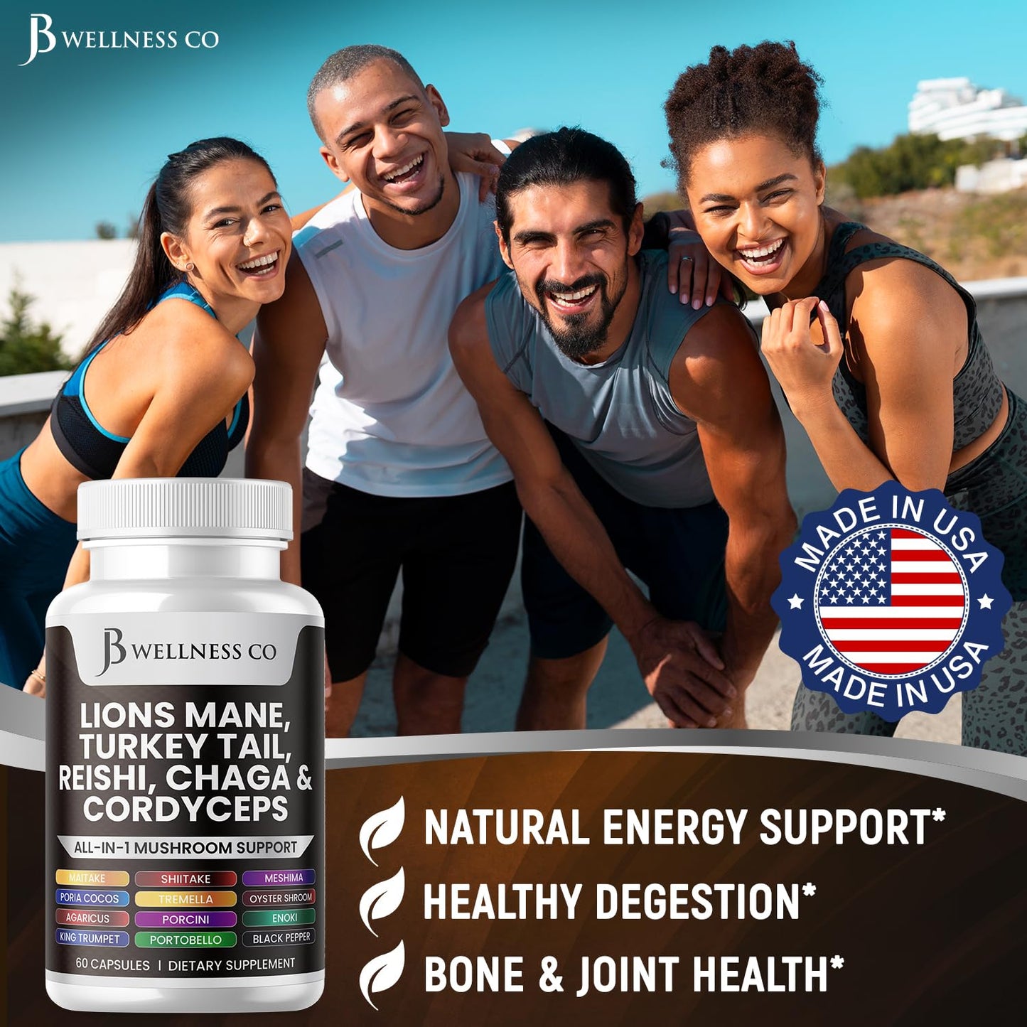 JB Wellness Co Lions Mane Supplement Cognitive Support, Immune Health with Turkey Tail 20in1 Mushroom Reishi Cordyceps Chaga with Marshmallow Root Capsules 120