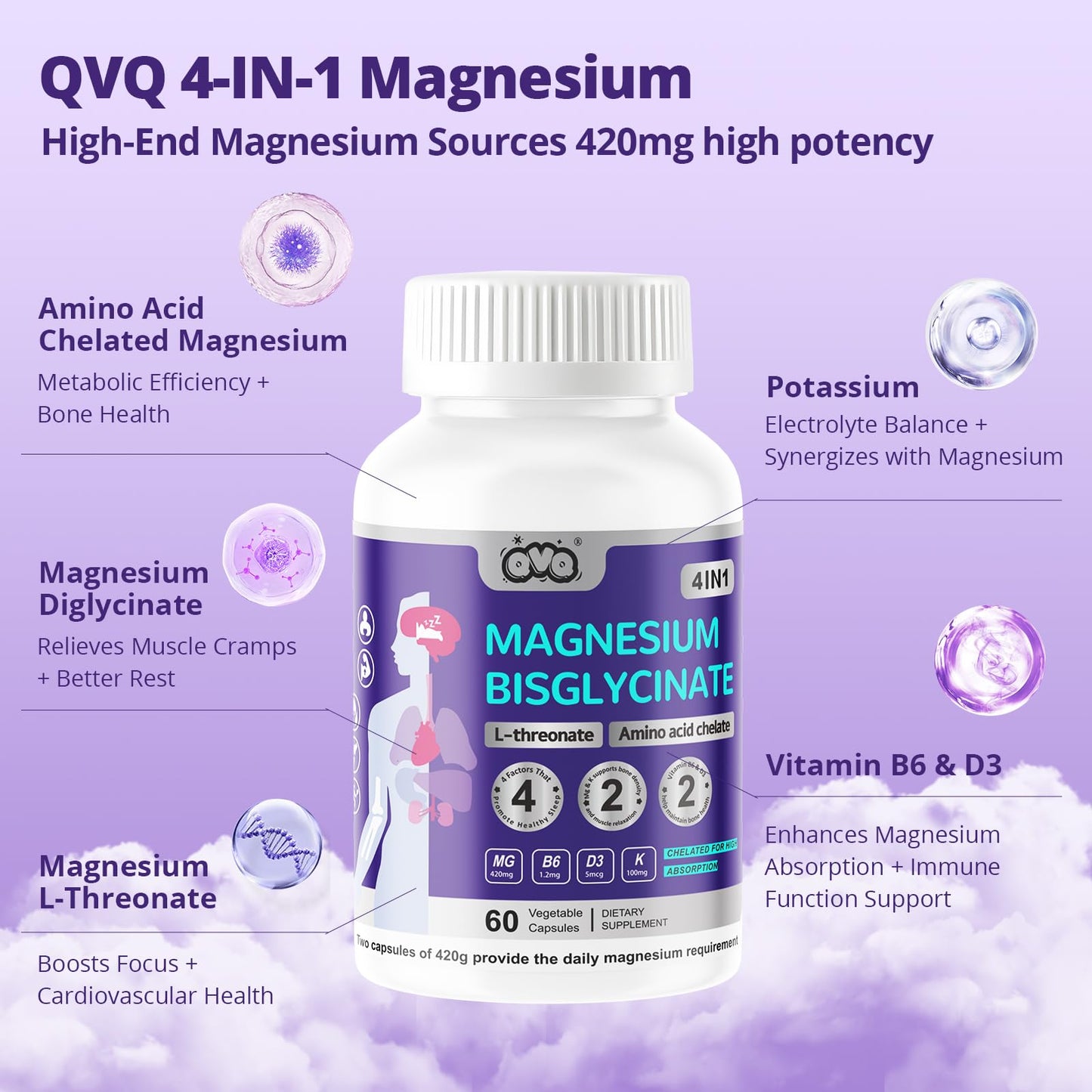 QVQ Magnesium Bisglycinate L-Threonate Complex Capsules, 420 mg, 60 Count