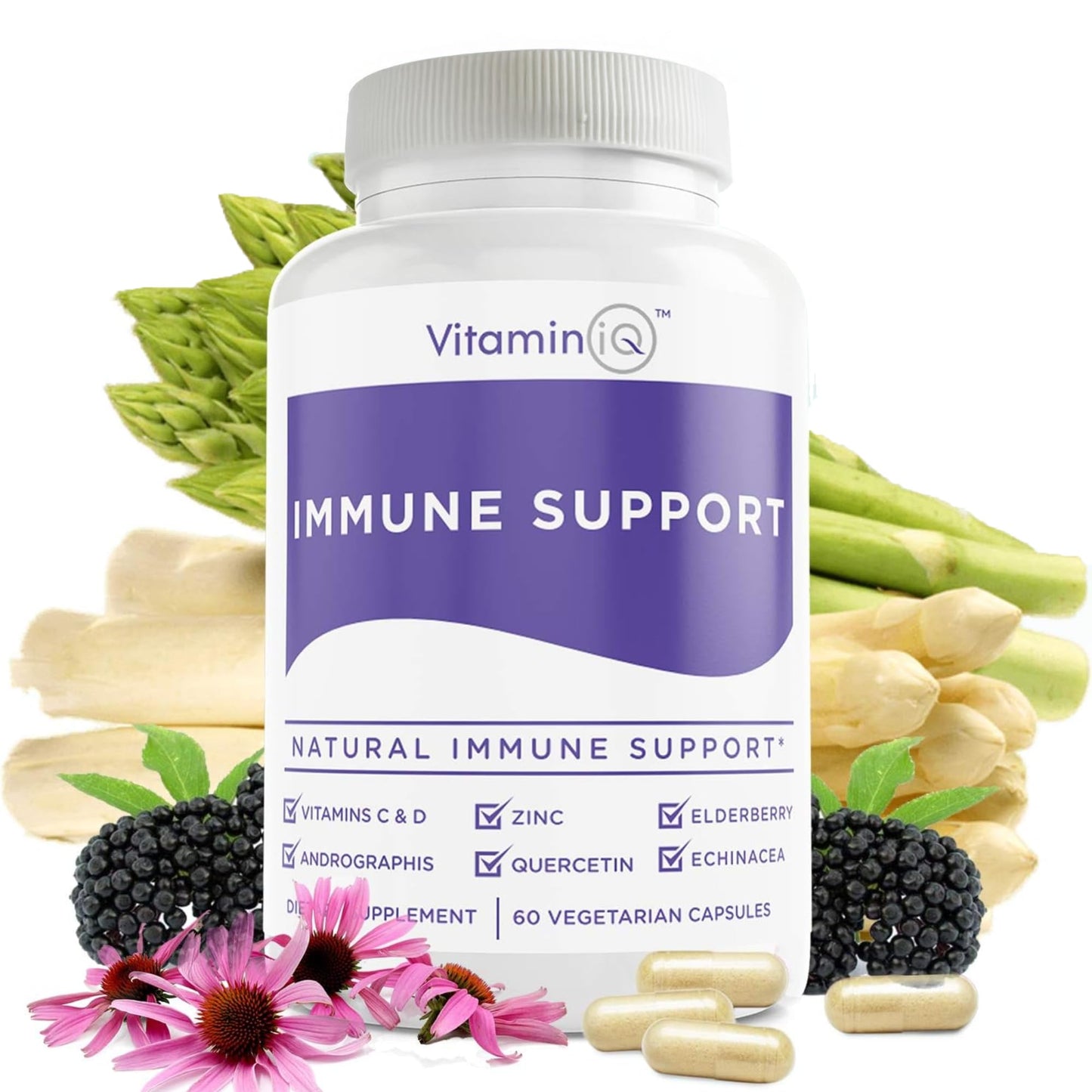VitaminIQ Immune Support Supplement with Vitamin C and Zinc, Sambucus Elderberry, Vitamin D3, Glutathione, Echinacea 60 Capsules