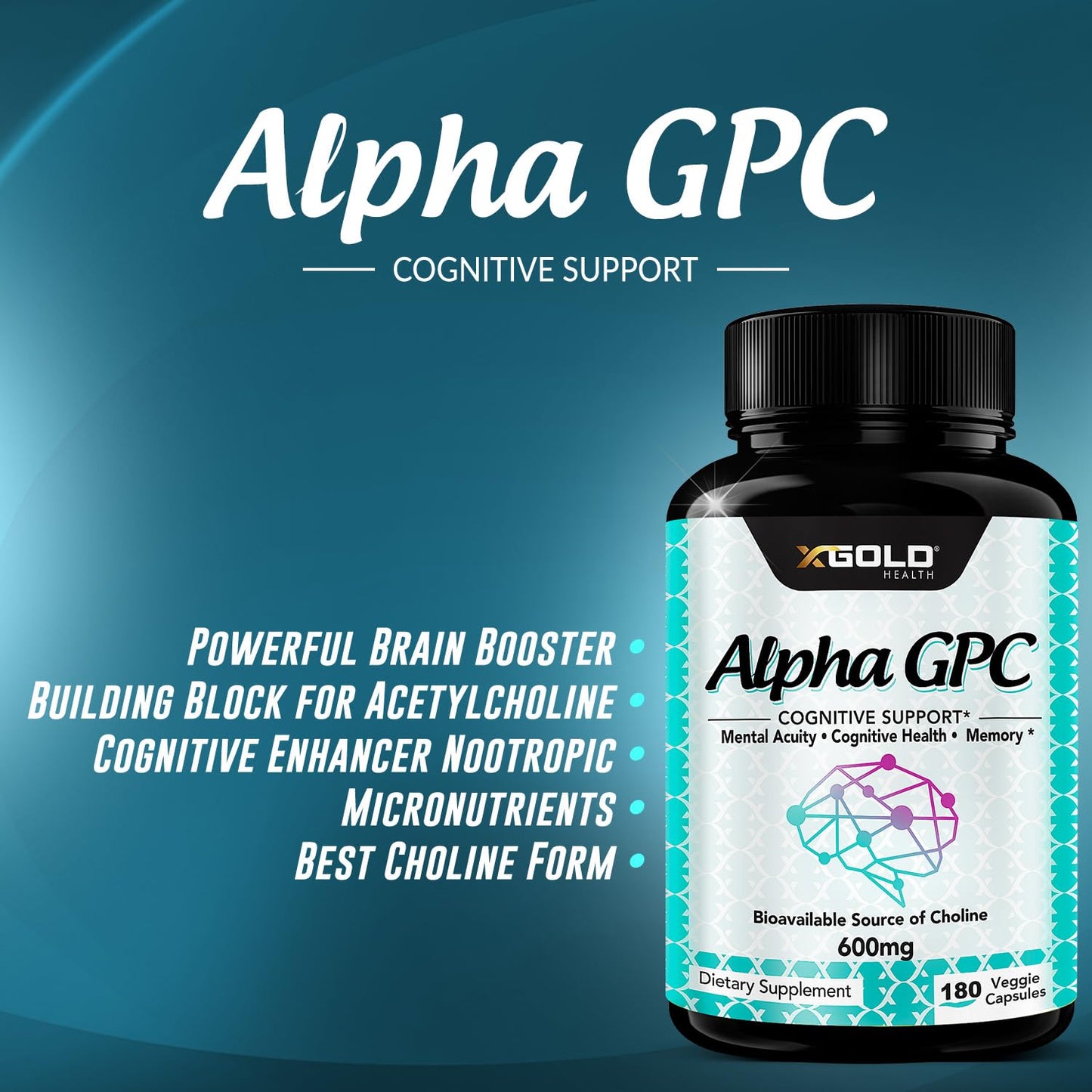 X Gold Health Alpha GPC Choline Supplement 600mg 180 Capsules