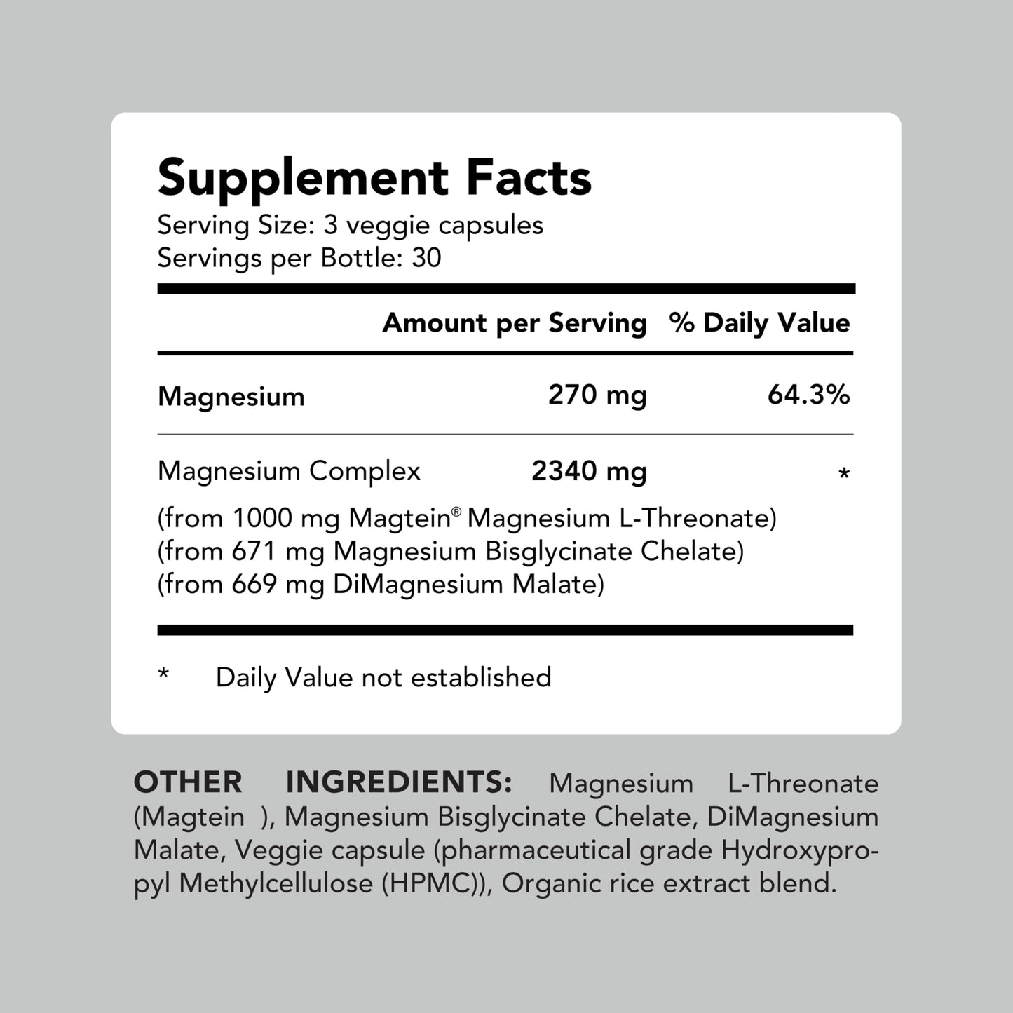 AMANDEAN Magtein Magnesium Complex L-Threonate, Glycinate, Malate Triple Blend Chelated Magnesium Supplement Capsule, 90 Count