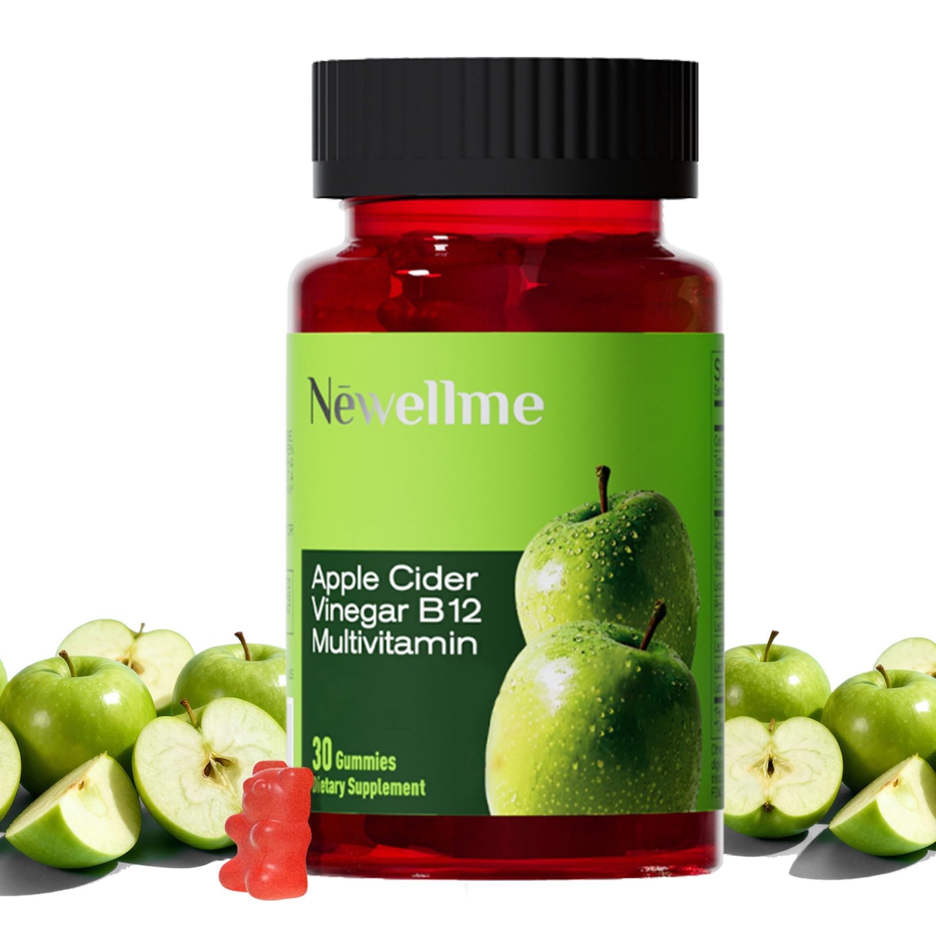 NEWELLME ACV Gummies with the Mother & B12, Sugar-Free, Great-Tasting Vegan Gummies for Digestion, Metabolism & Daily Energy Support, 30 Count