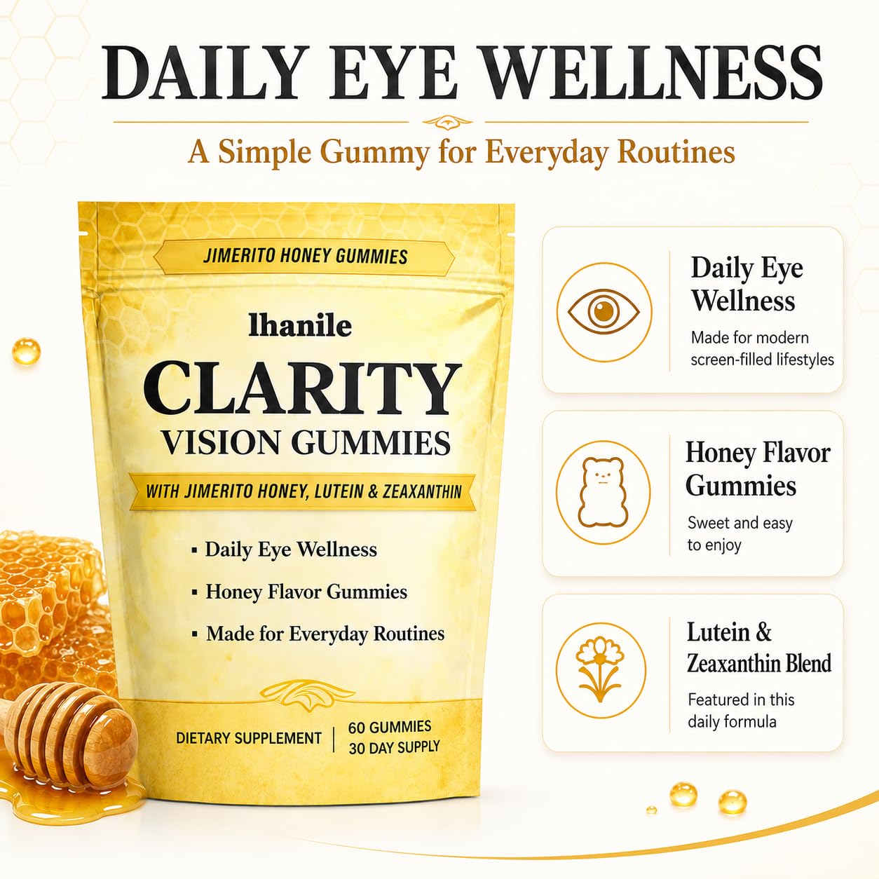 Lhanile Clarity Vision Gummies Chewable, Lutein & Zeaxanthin Blend, 60 Count