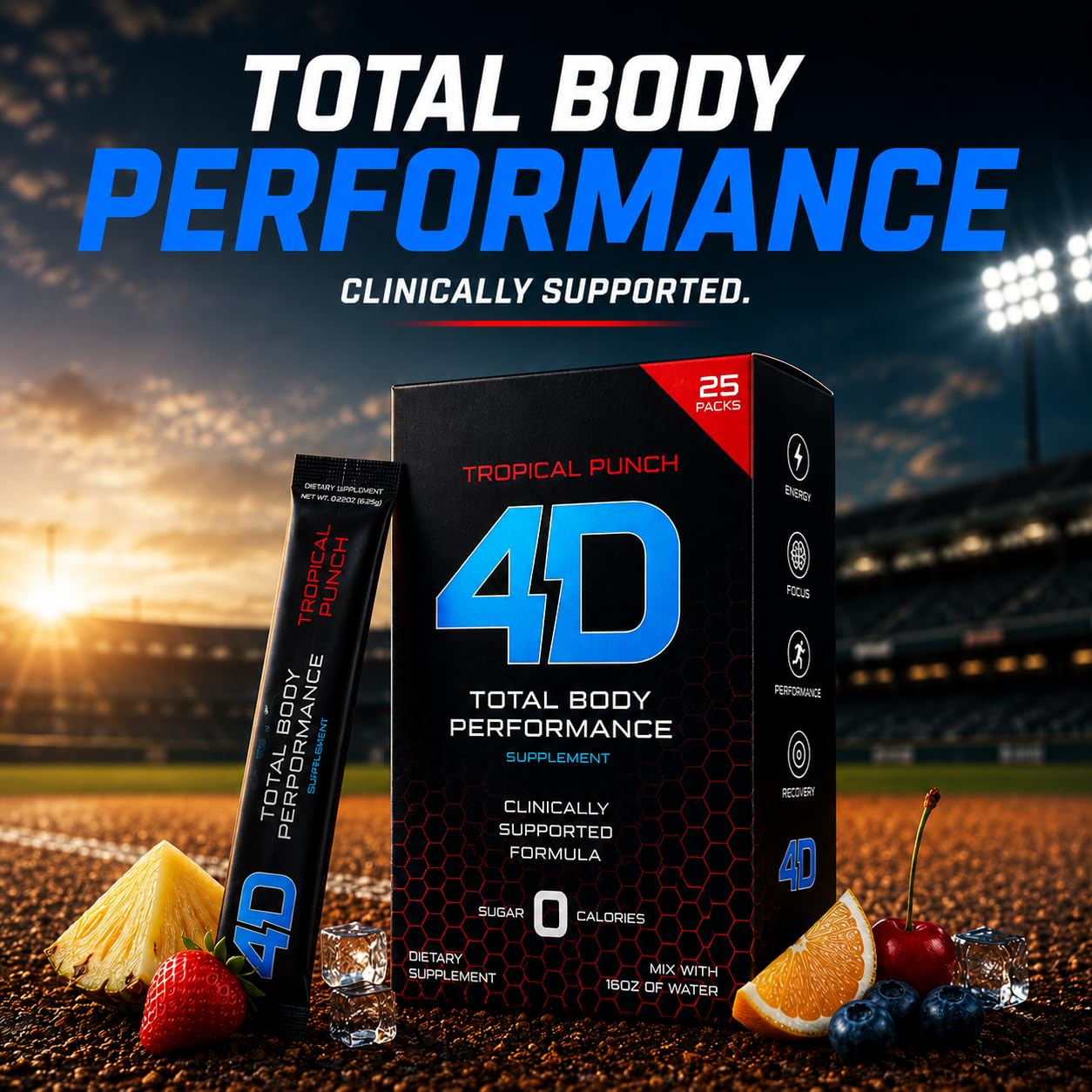 4D Clean Energy Tropical Punch Vitamins & Energy Powder Packets, 25 Count
