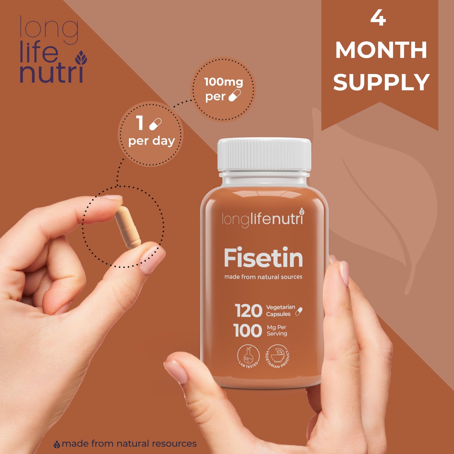 LongLifeNutri Fisetin 100mg - from Rhus Succedanea Stem Extract, 120 Capsules