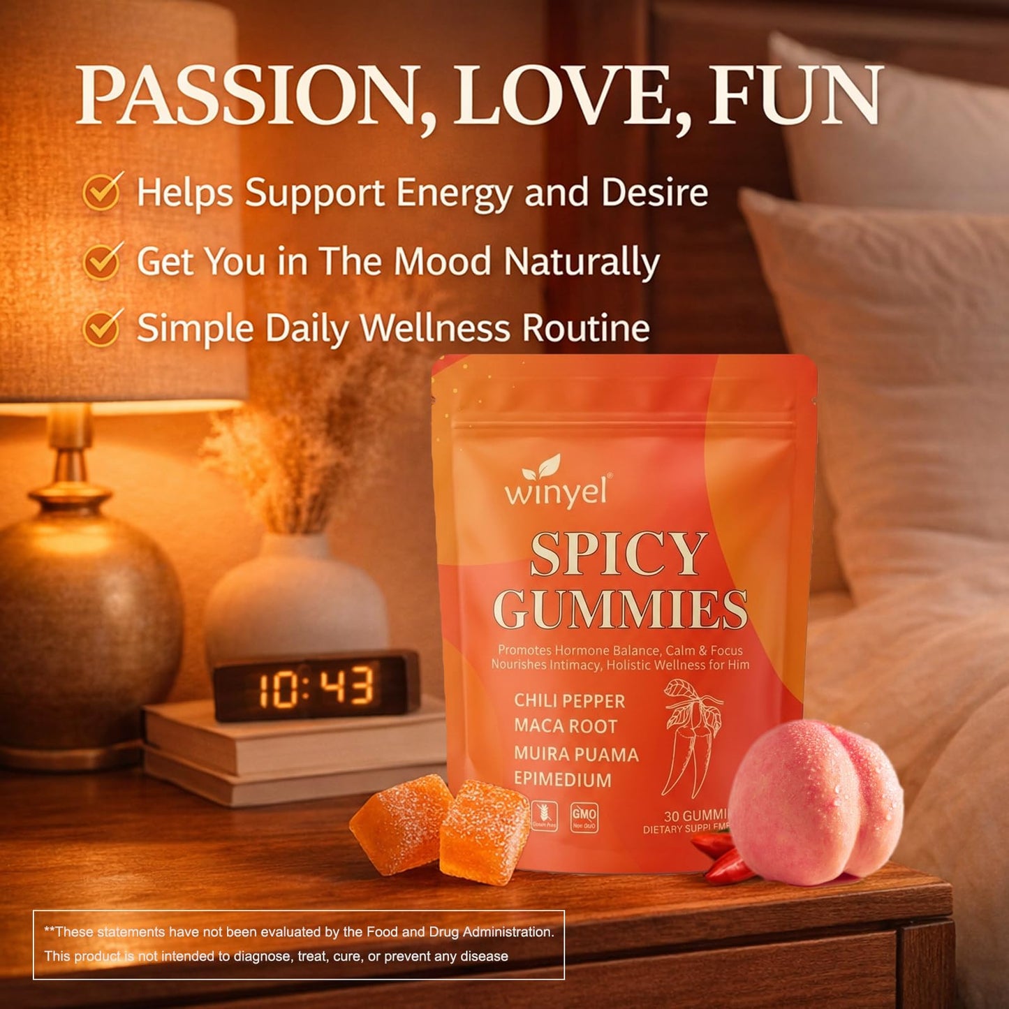 WINYEL Spicy Gummies Cubes Hot Peach Flavor - Chili Pepper, Maca Root & Muira Puama Herbal Supplement for Energy, Mood & Vitality - Romantic Mood Enhancer for Couples, 30 Gummies