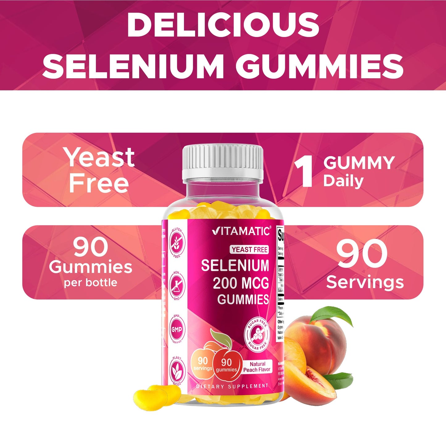 Vitamatic Yeast Free Selenium Gummies 200mcg Selenomethionine Supplement, 180 Gummies