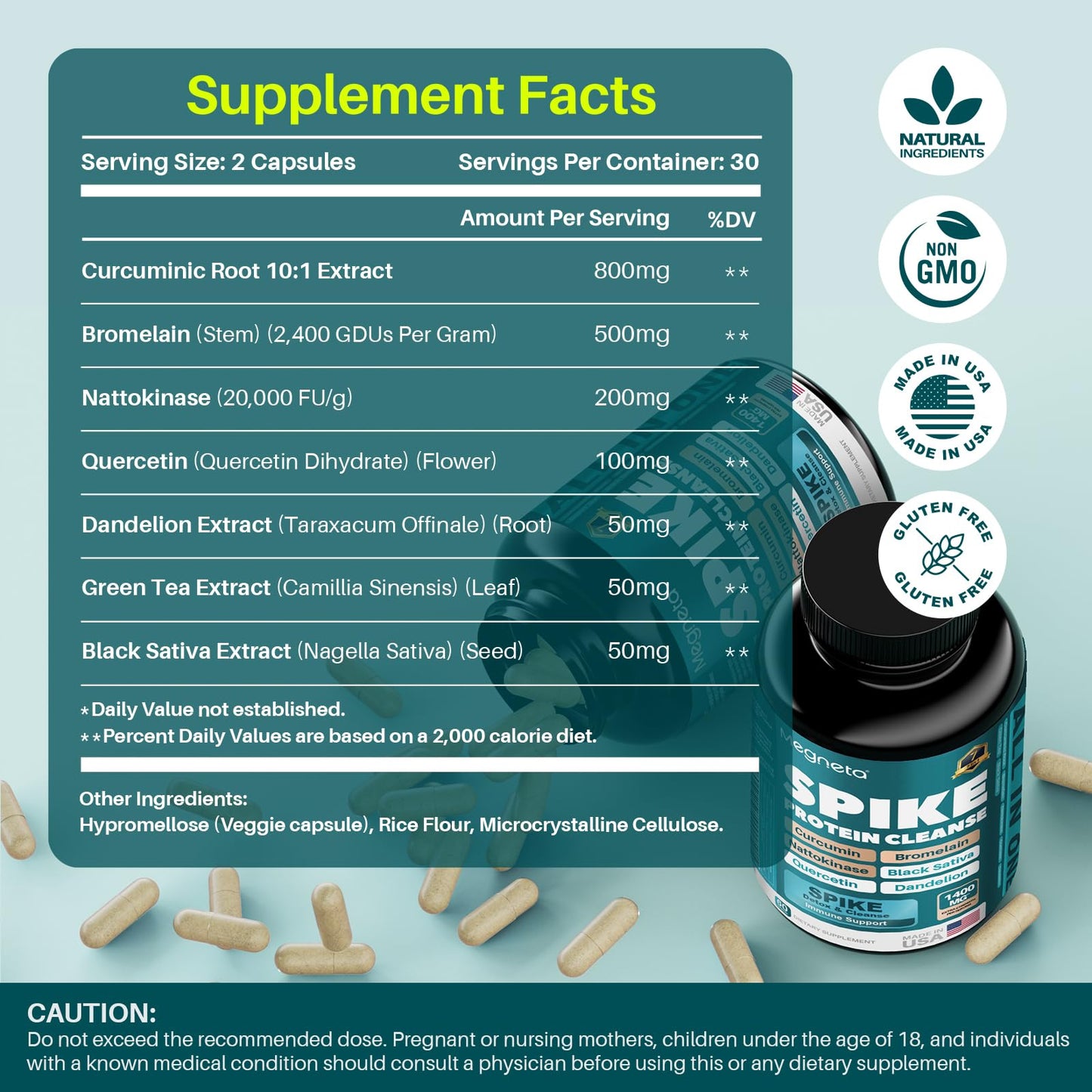 MEGNETA Nattokinase Supplement 4,000 FU, Bromelain & Turmeric, 60 Capsules