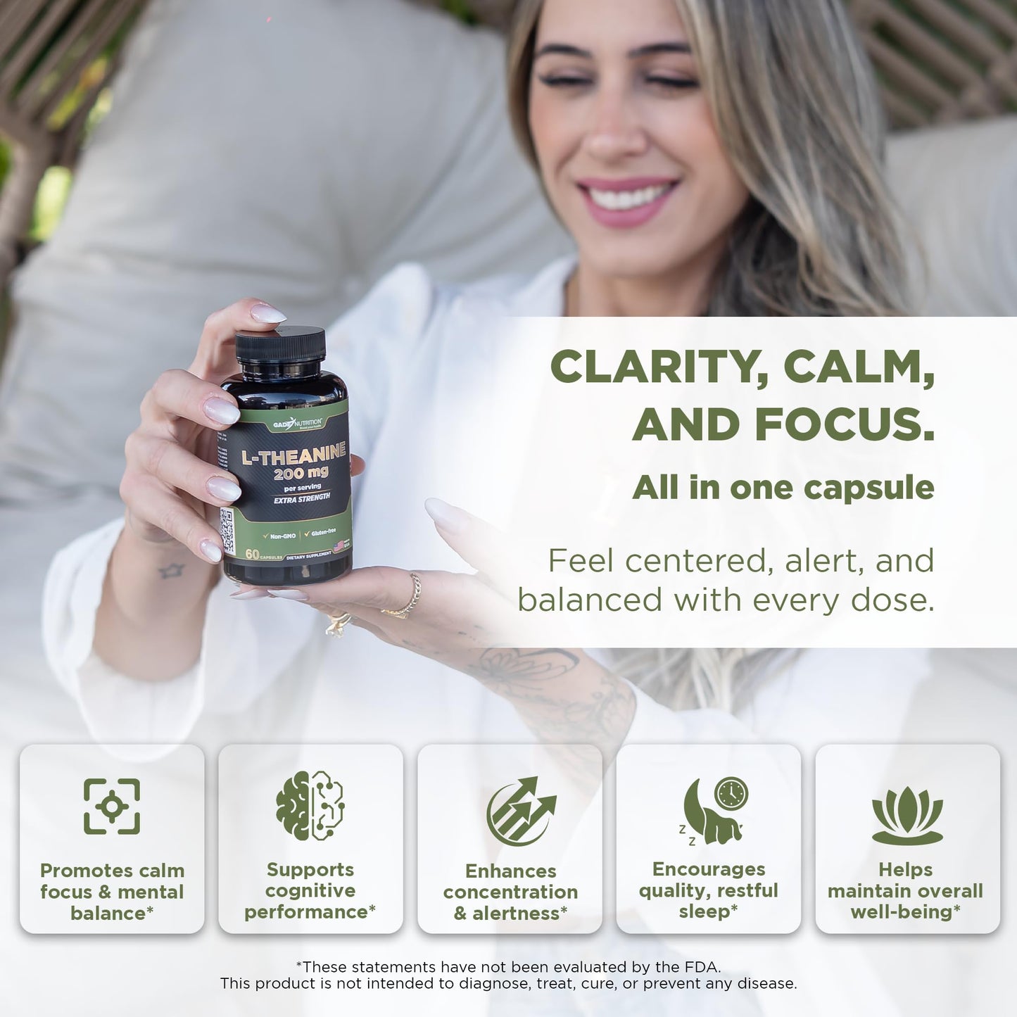 GADE NUTRITION BOOST YOUR HEALTH L-Theanine Supplement 200 mg Mood & Sleep Support Capsule 60 Count