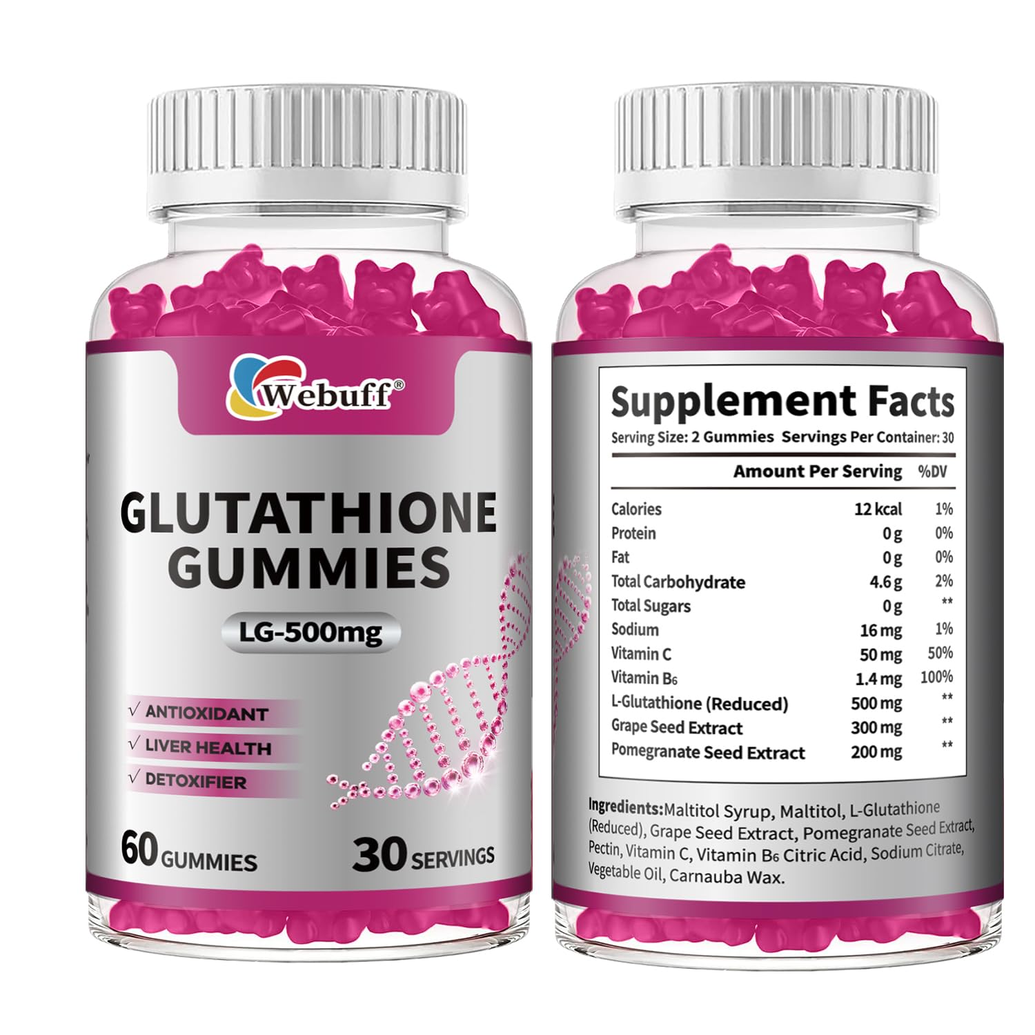 Webuff Glutathione Gummies with Collagen 500mg Vitamin C & B6 Skin Glow Hair & Nail Support Anti-Aging Antioxidant Sugar-Free Non-GMO Strawberry Flavor, 60 Gummies