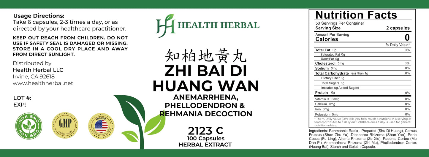 Health Herbal HH2123C Zhi Bai Di Huang Wan/Anemarrhena, Phellodendron & Rehmania Decoction Capsules, 100 Capsules
