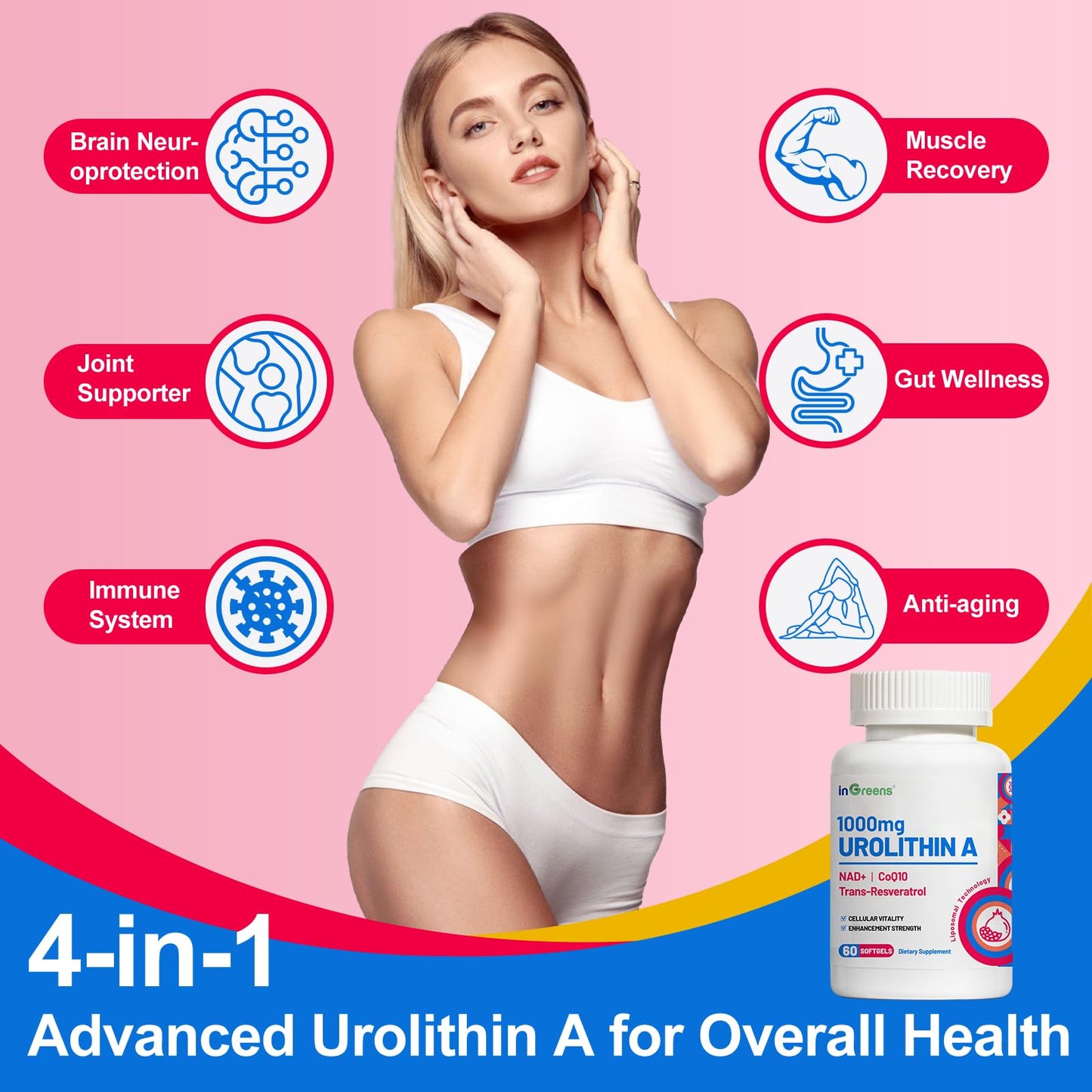 inGreens Urolithin A 1000mg with NAD+ 300mg, CoQ10 200mg, and Trans-Resveratrol 200mg Softgels, 360
