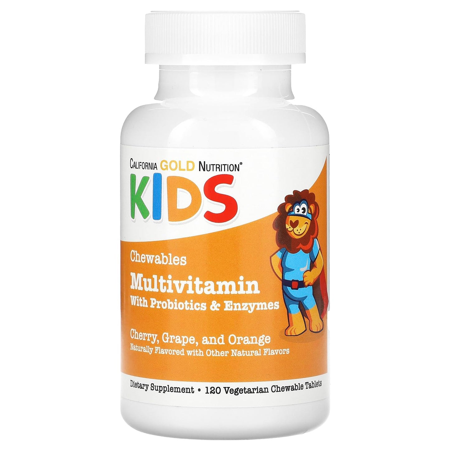 California Gold Nutrition Chewable Multivitamins with Probiotics, Enzymes, Vitamin A and Vitamin C for Children, Assorted Fruit, 120 Vegetarian Tablets