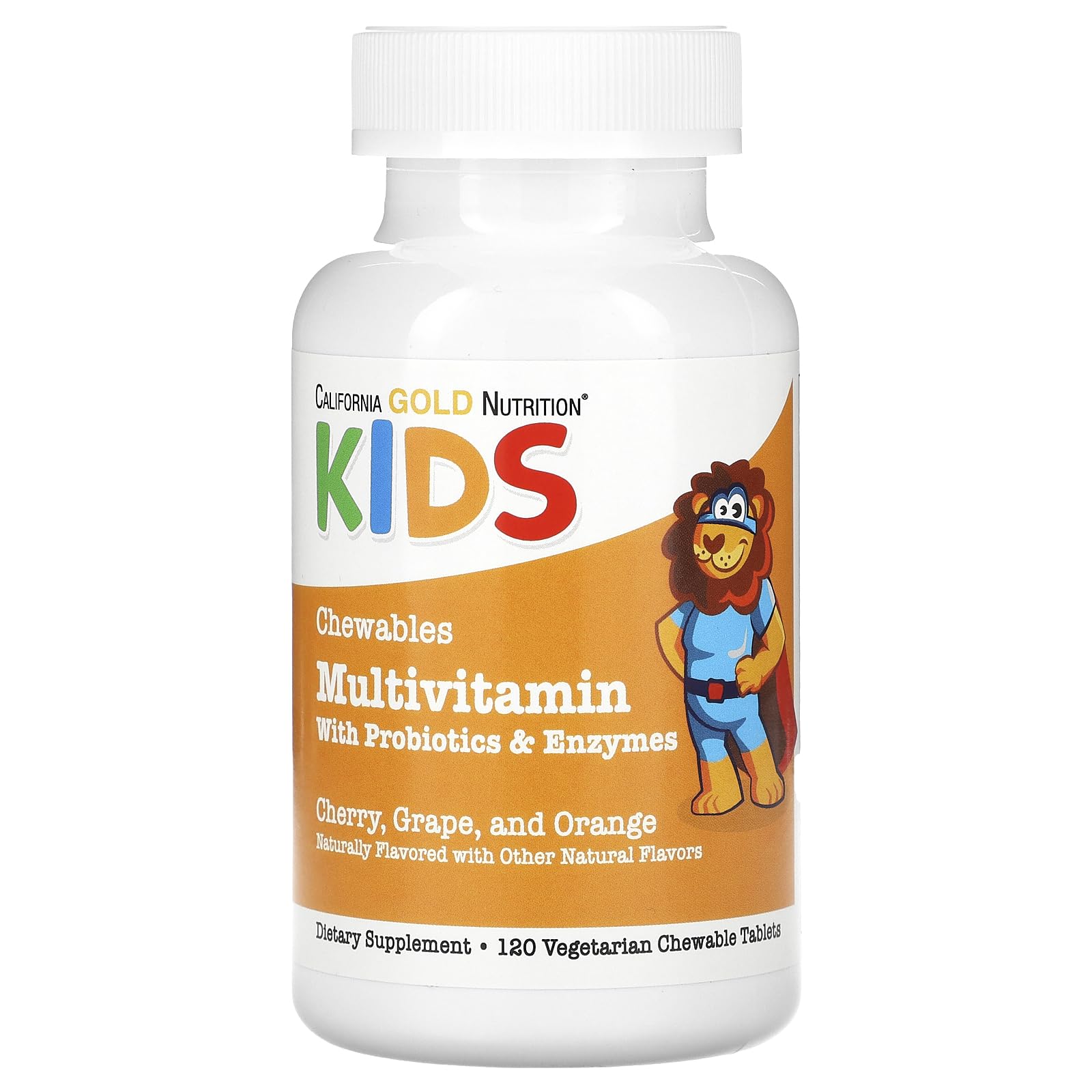California Gold Nutrition Chewable Multivitamins with Probiotics, Enzymes, Vitamin A and Vitamin C for Children, Assorted Fruit, 120 Vegetarian Tablets