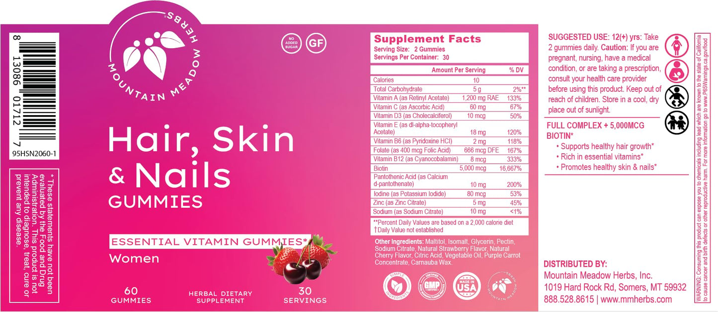 Mountain Meadow Herbs Hair, Skin and Nails Gummies 60 Count