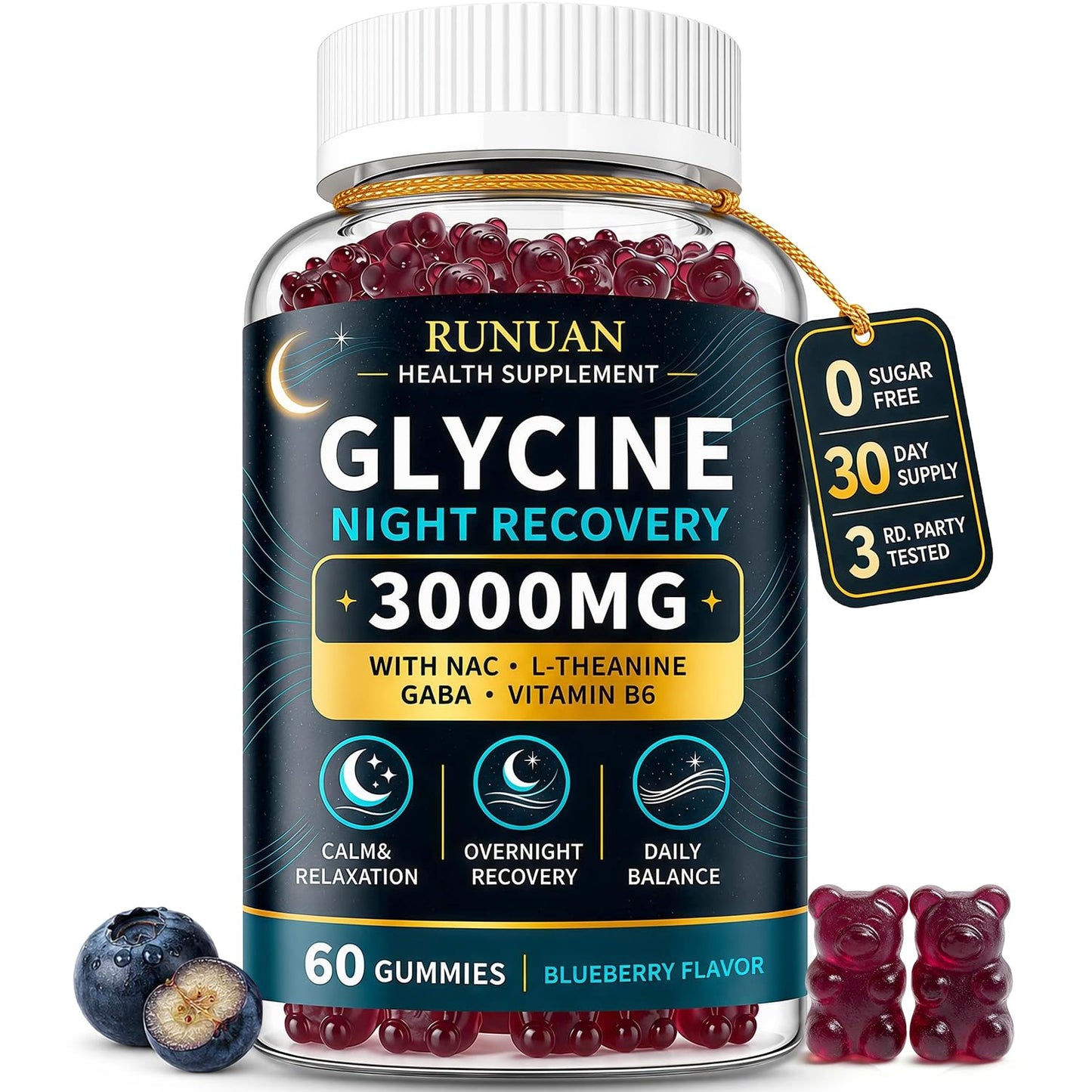 RUNUAN Glycine Sleep Support Gummies 3000mg with NAC, L-Theanine, GABA & B6, 60 Count