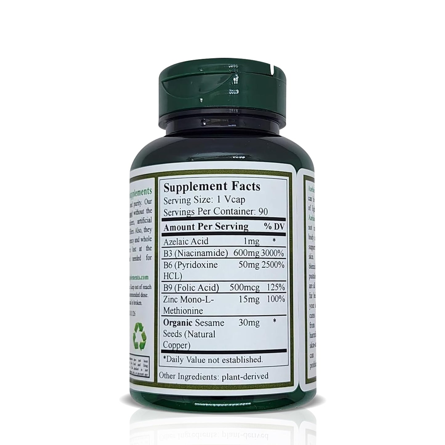 Green Organic Supplements Azelaic Acid Acne Support Capsules, 90 Capsules, Non-GMO, Gluten-Free, Pack of 5