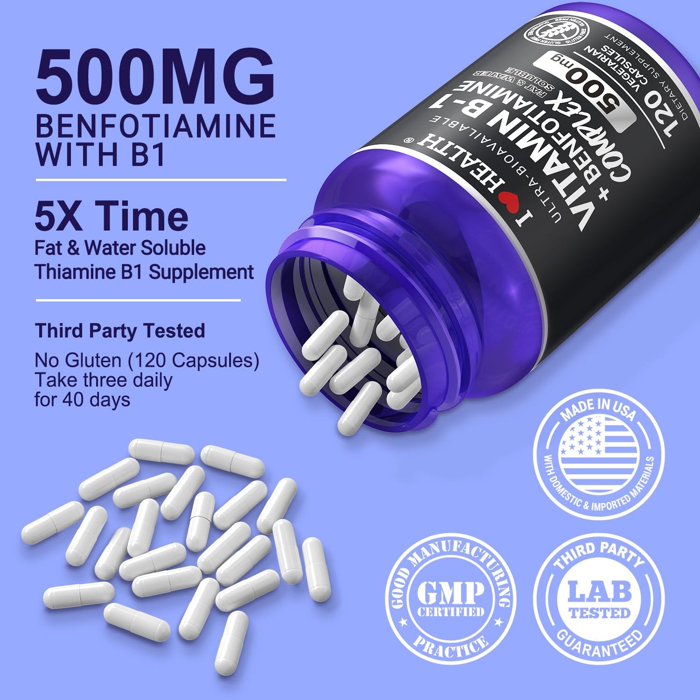 I LOVE HEALTH Benfotiamine 600mg Plus Vitamin B1 20mg, Capsules, 240
