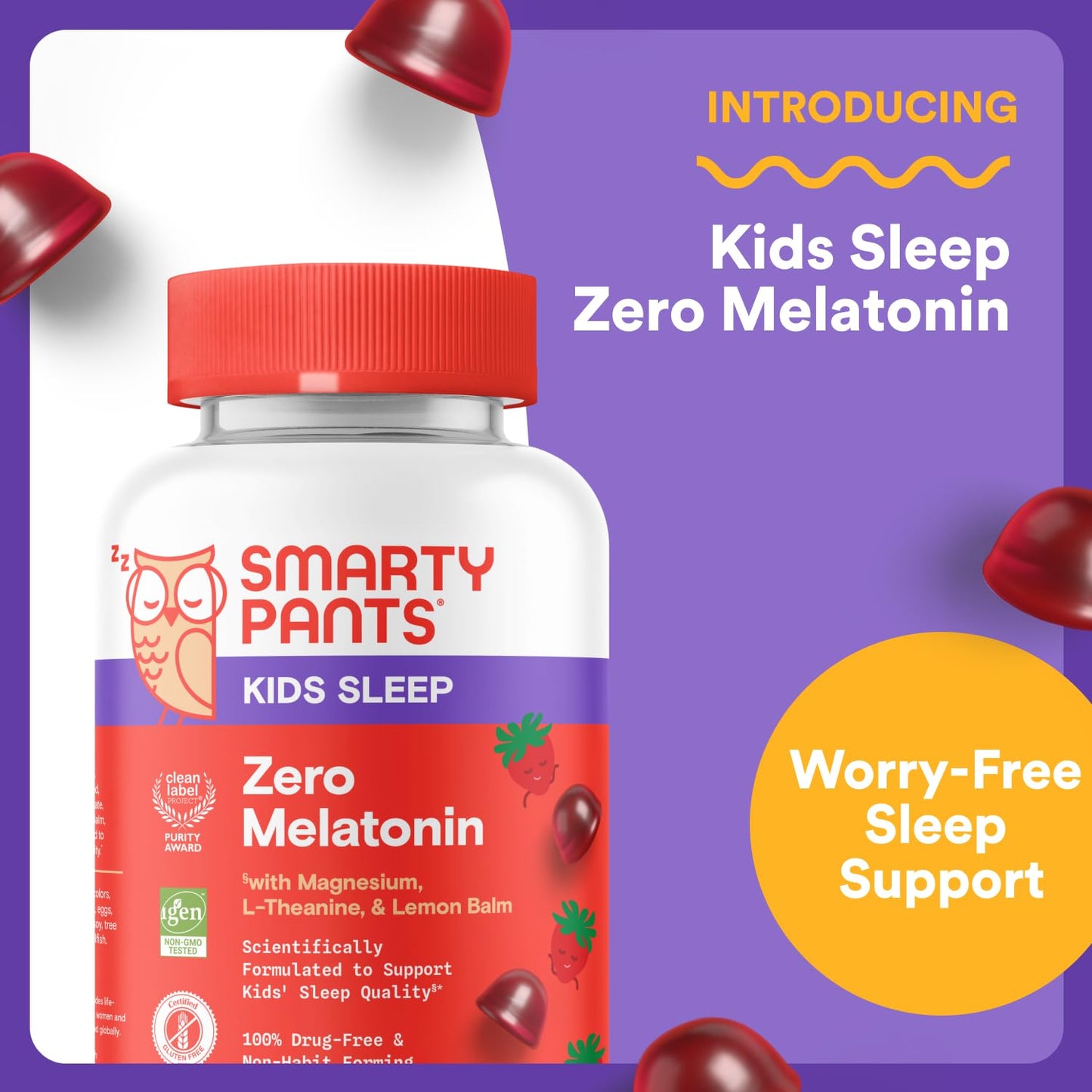 SmartyPants Kids Sleep Gummies Supplement Zero Melatonin: L-Theanine, Lemon Balm & Magnesium, Sleep Aid, Strawberry Flavor Gummy 1 Count