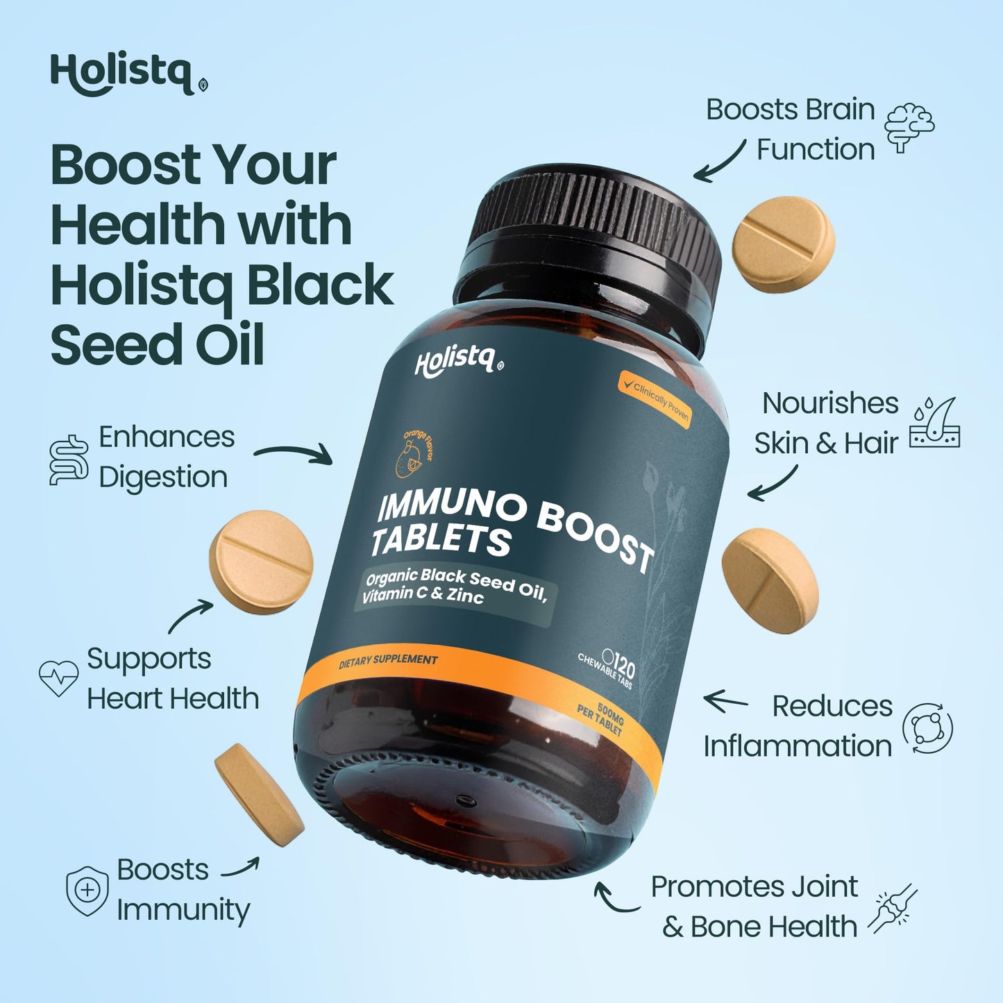 HOLISTQ Immuno Boost Vitamin C with Zinc Chewable Tablets, 120 Tablets