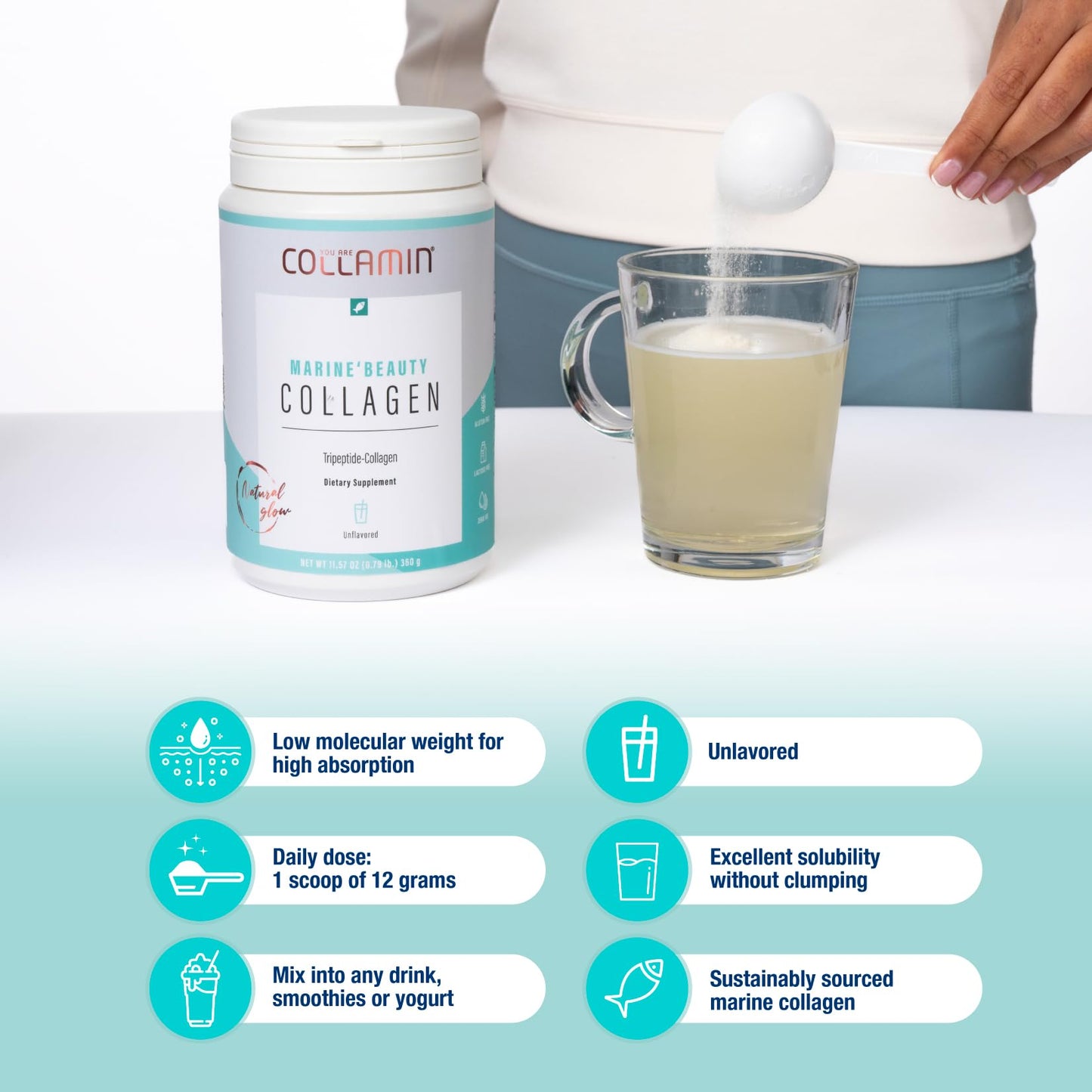 Collamin Marine Beauty Hydrolyzed Tripeptide Marine Collagen Powder from Wild-Caught Fish - Bioavailable with Essential Amino Acids, Supports Skin, Hair, Nails, Joints & Bones - 11.57 Ounce