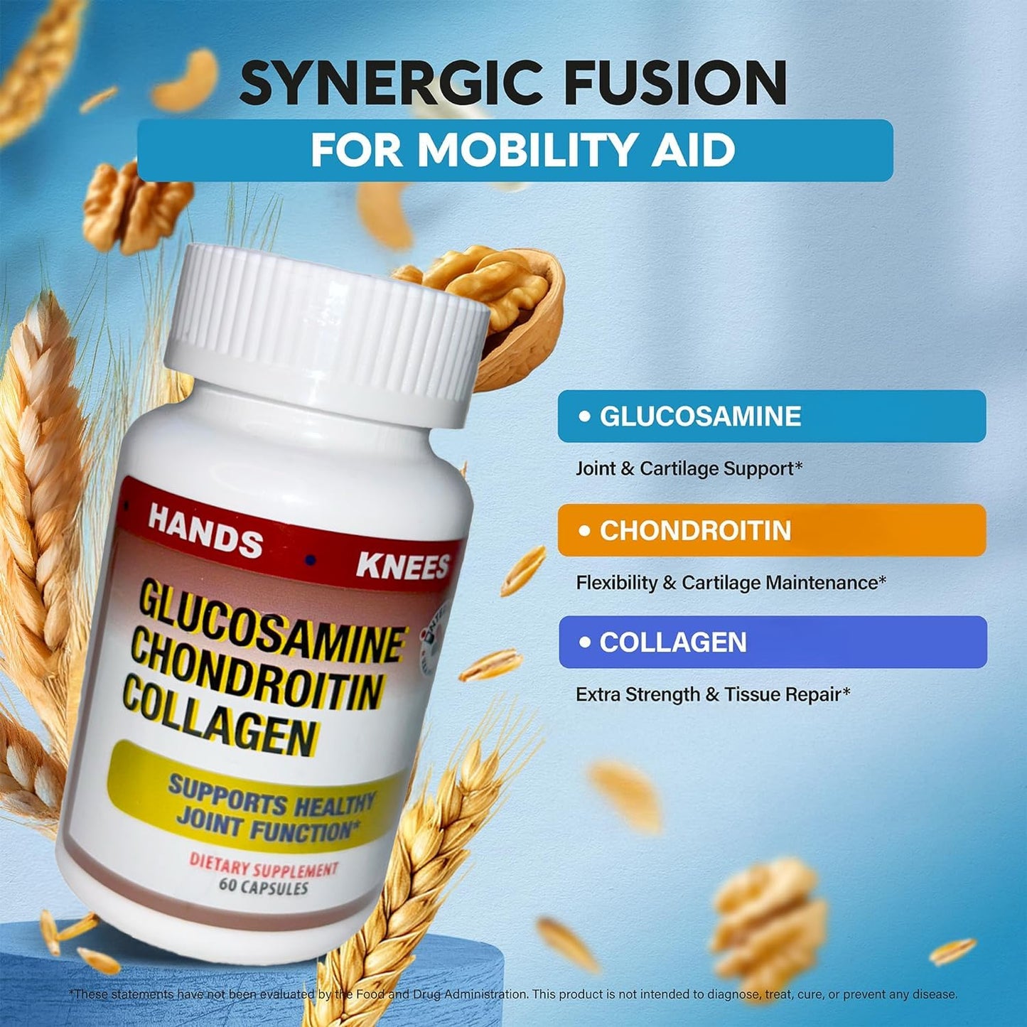 Generic Glucosamine & Chondroitin Hydrolized Collagen for Joint Support and Cartilage Supplement Glucosamine Sulfate 1000 mg, 60 Capsules