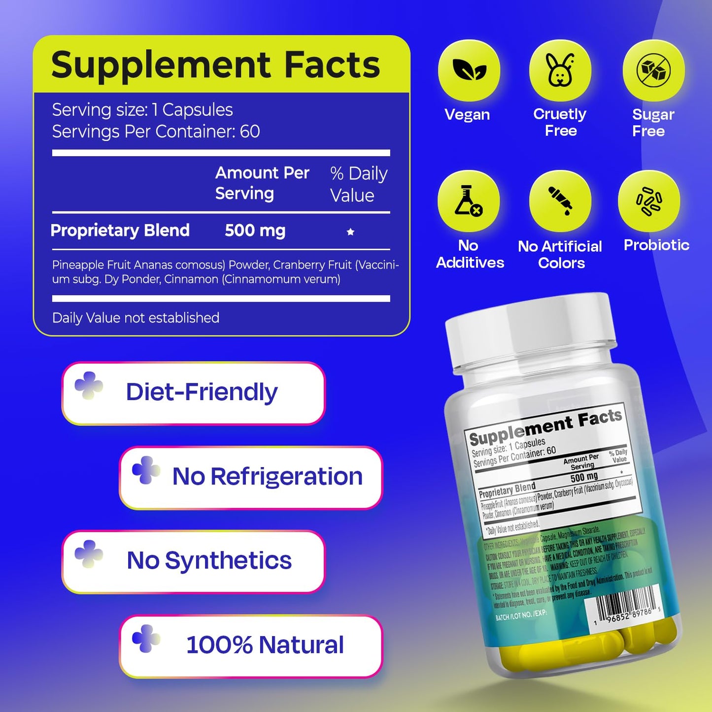 Taste The Sweet Spot Pineapple Probiotics for Men 625mg Sweet Spot Formula with Pineapple Extract, Cranberry & Cinnamon, 60 Capsules