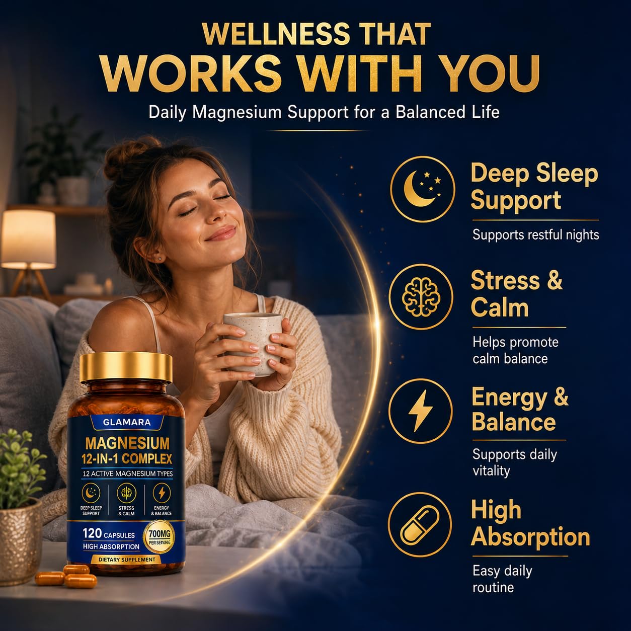 fuiznox Glamara Magnesium 12 in 1 Complex Capsule, 120 Count