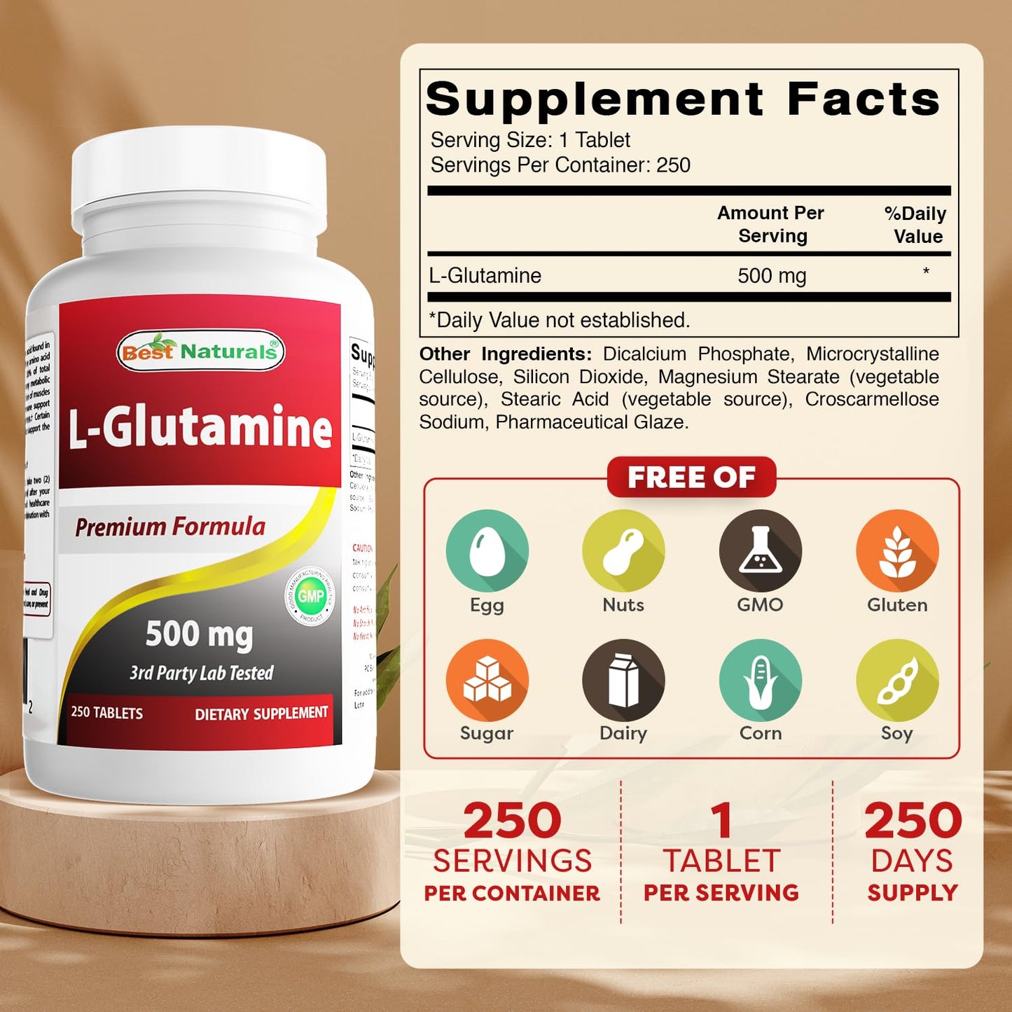 Best Naturals L-Glutamine 500 mg Tablets, 250 Count