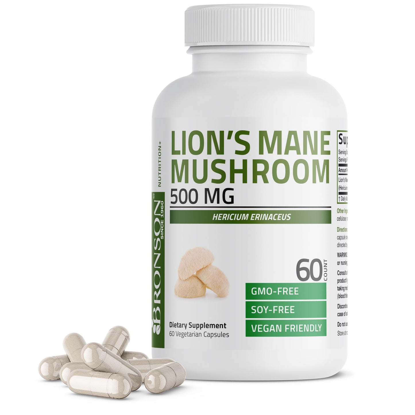 Bronson Lion's Mane Mushroom 500mg Hericium Erinaceus Non-GMO Capsules, 60 Count