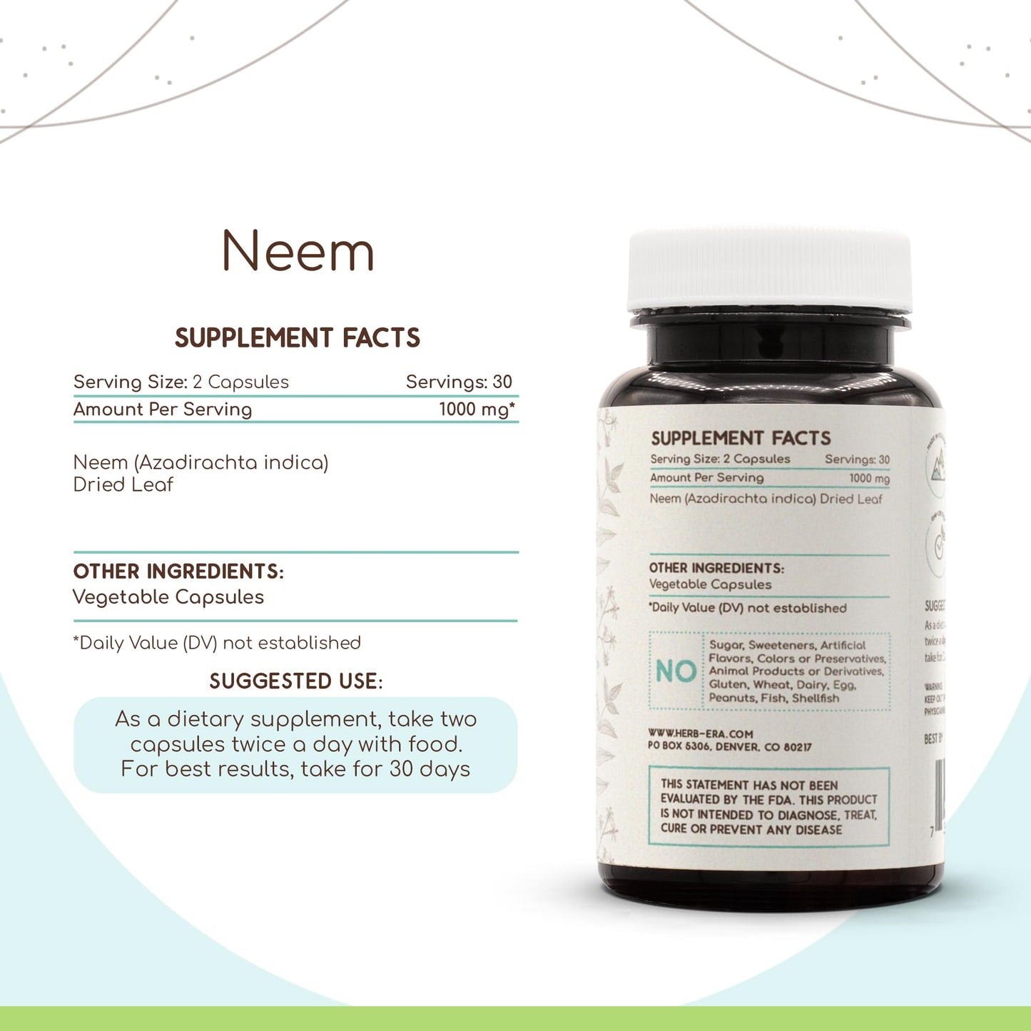 HerbEra Neem 500 mg Dried Leaf Capsules, 60 Count