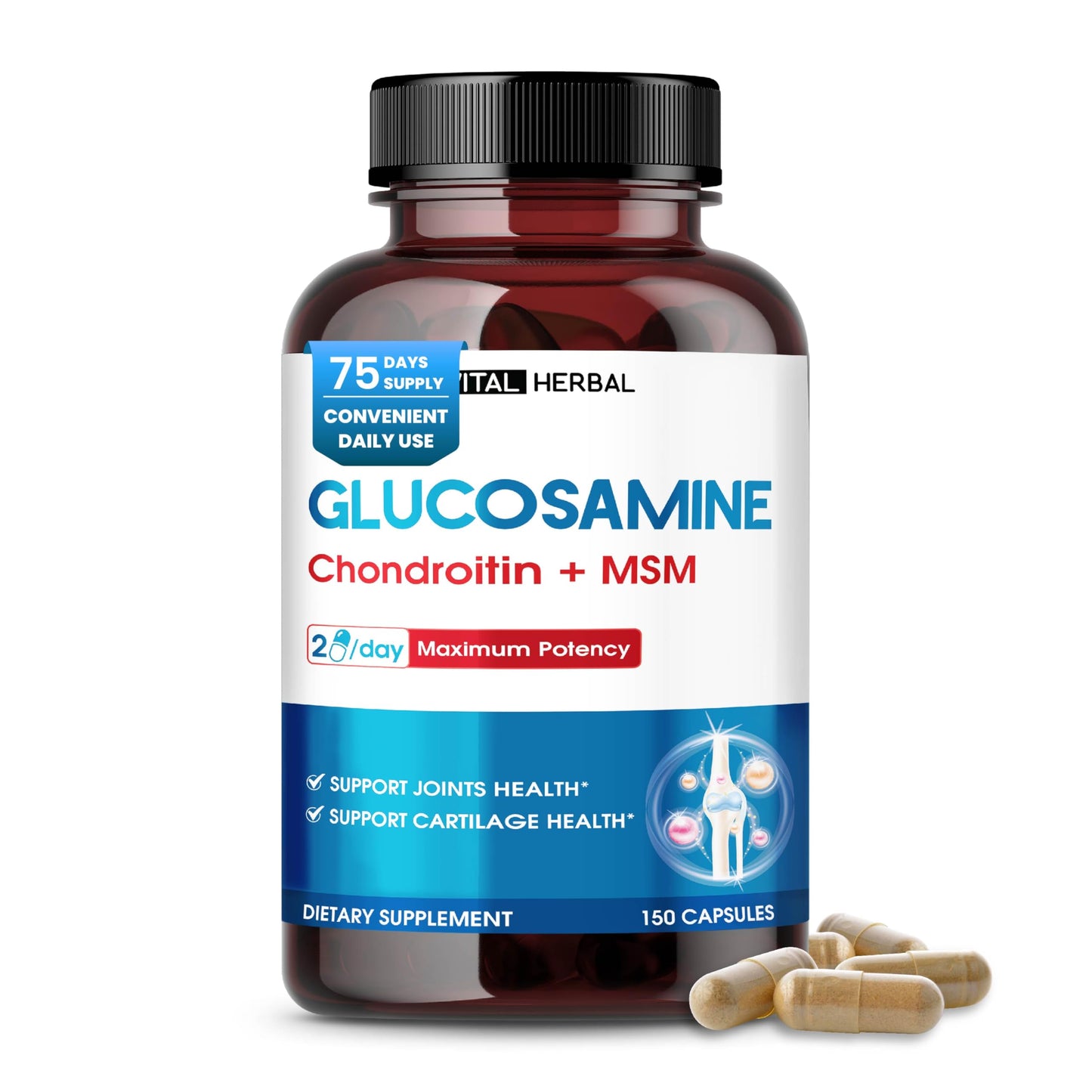Vital Herbal Liposomal Glucosamine with Chondroitin, MSM - Maximum Potency - Support Joints, Cartilage 150 Capsules