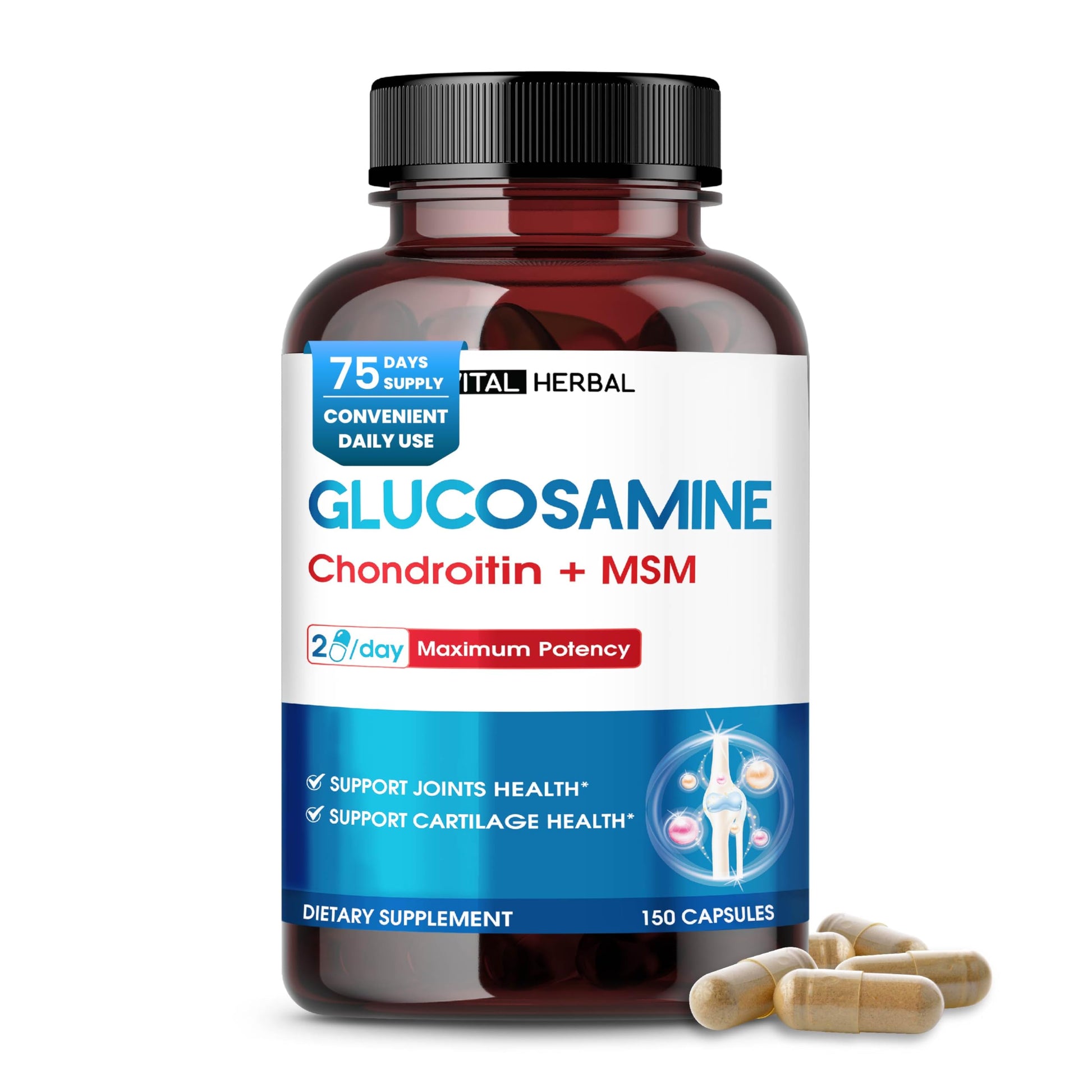 Vital Herbal Liposomal Glucosamine with Chondroitin, MSM - Maximum Potency - Support Joints, Cartilage 150 Capsules