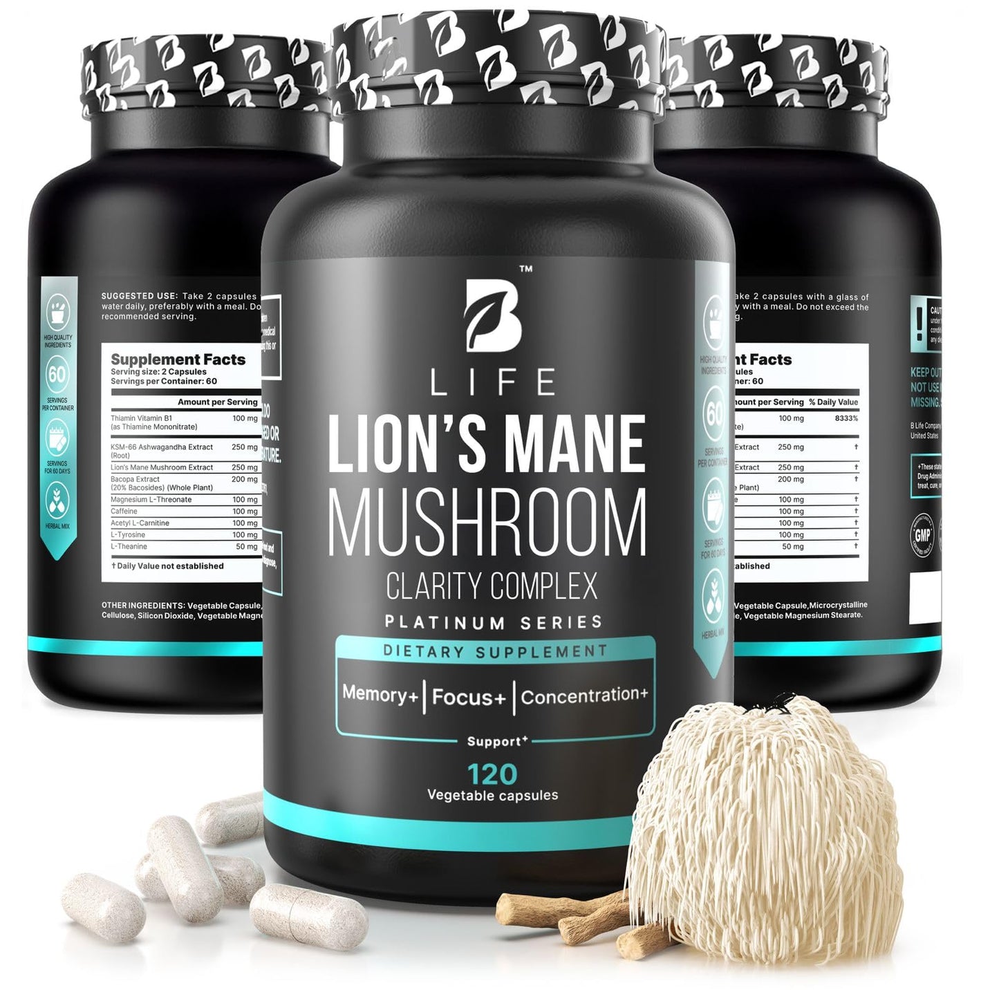 B Life Company Lion’s Mane Mushroom Capsules – Memory, Focus & Clarity – Nootropic Brain Supplement with Ashwagandha, Thiamin (B1), Magnesium L-Threonate – Cognitive and Brain Support for Mental Energy, 120 Capsules