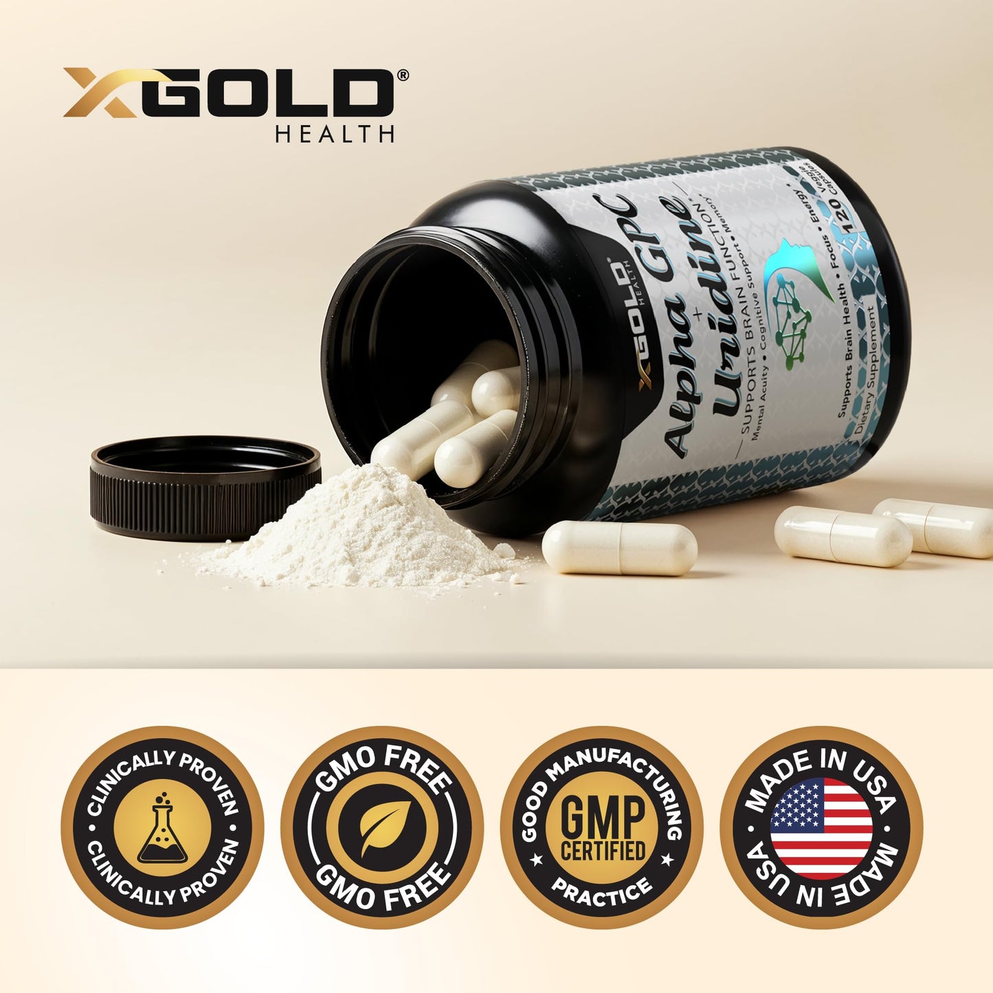 X Gold Health Alpha GPC + Uridine 900mg Powerful Nootropic Capsule, 120 Capsules