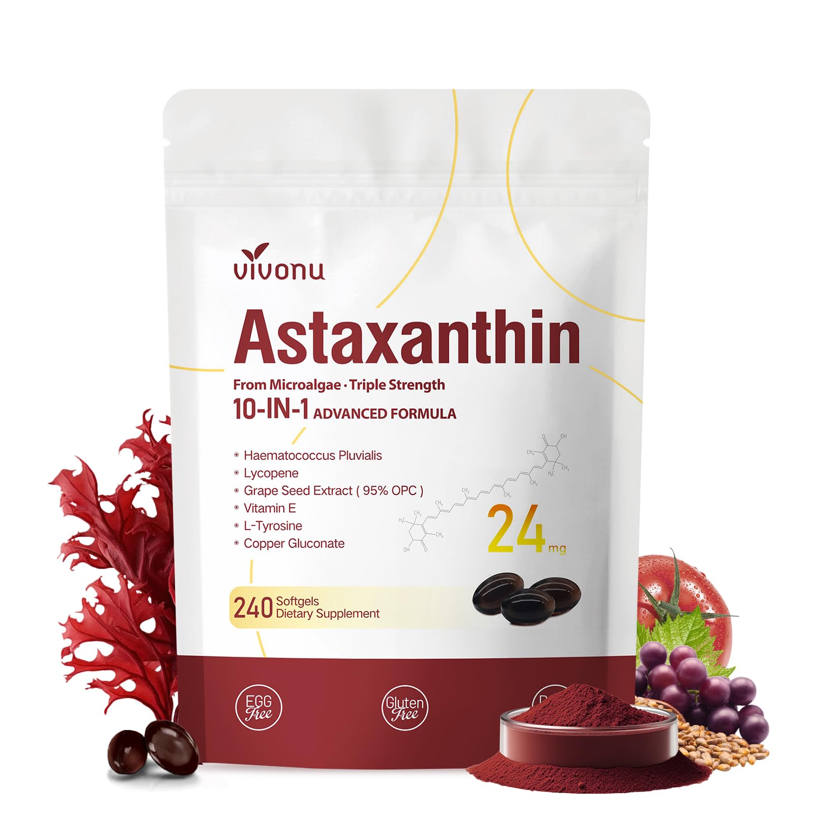 VivoNu 10 in 1 Astaxanthin Supplements 24mg Softgels, 240-Count