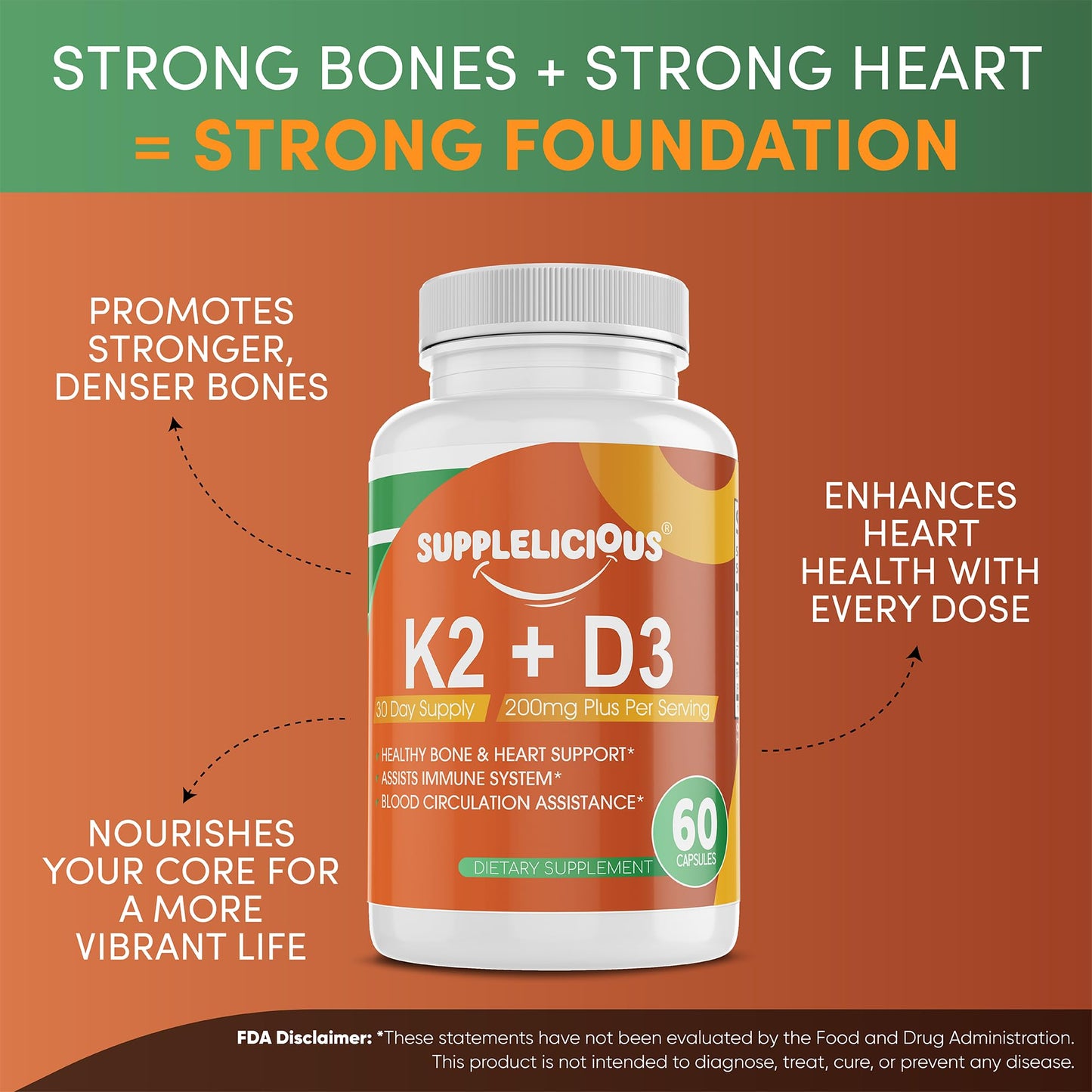 Supplelicious K2 + D3 with Calcium – Bone & Heart Health Supplement – Immune Support Capsule, 60 Count