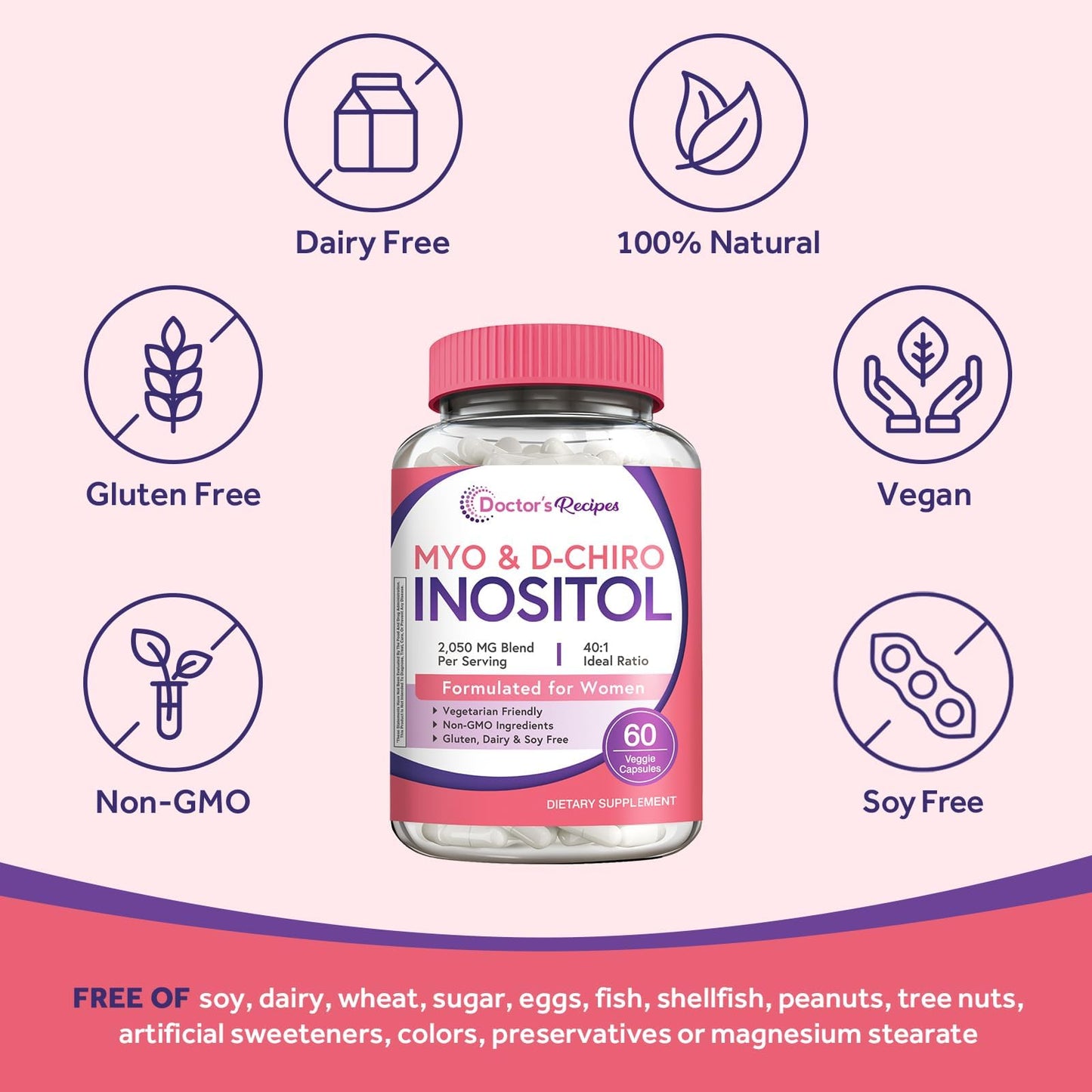 Doctor's Recipes Inositol Supplement for Women, Myo-Inositol & D-Chiro Inositol Capsules 2050mg per Serving, Ideal 40:1 Blend, 60 Capsules
