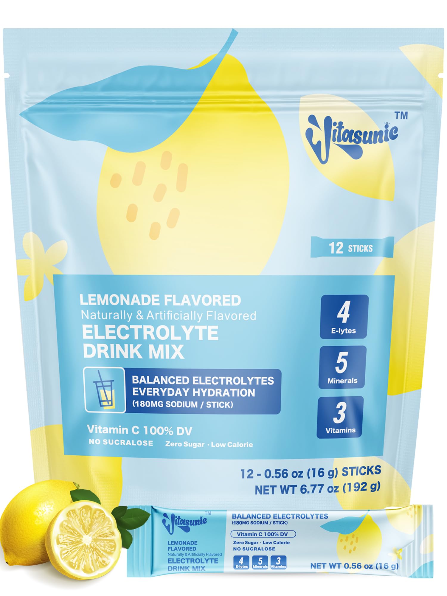 VITASUNIC Electrolyte Powder Packets Lemonade Sugar Free, 12 Pack