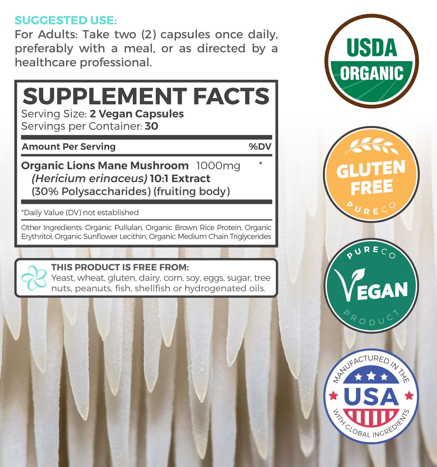 PURE CO Organic Lions Mane Supplement, 60 Capsules
