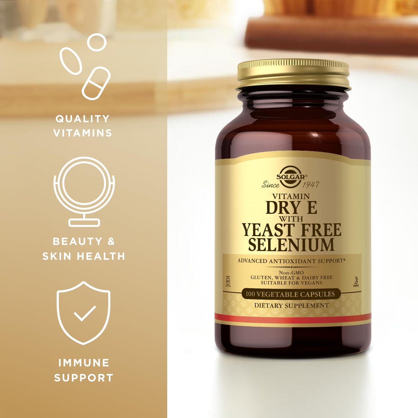 Solgar Dry Vitamin E with Yeast-Free Selenium Capsules, 100 Capsules
