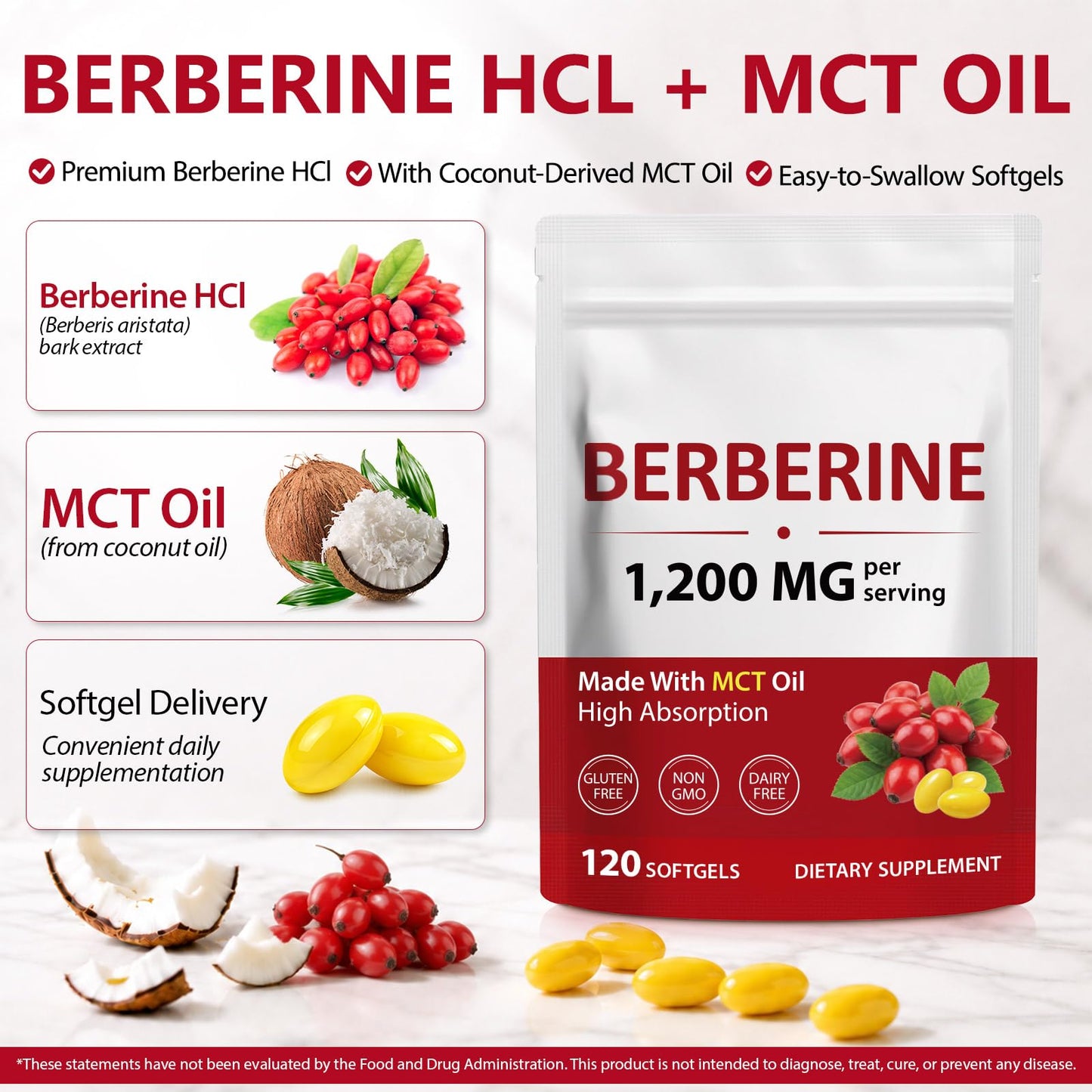 bnHUlMXw Berberine 1200mg with MCT Oil High Potency, Supports Metabolic Health & Wellness, Non-GMO, Gluten Free Softgels 120 Count