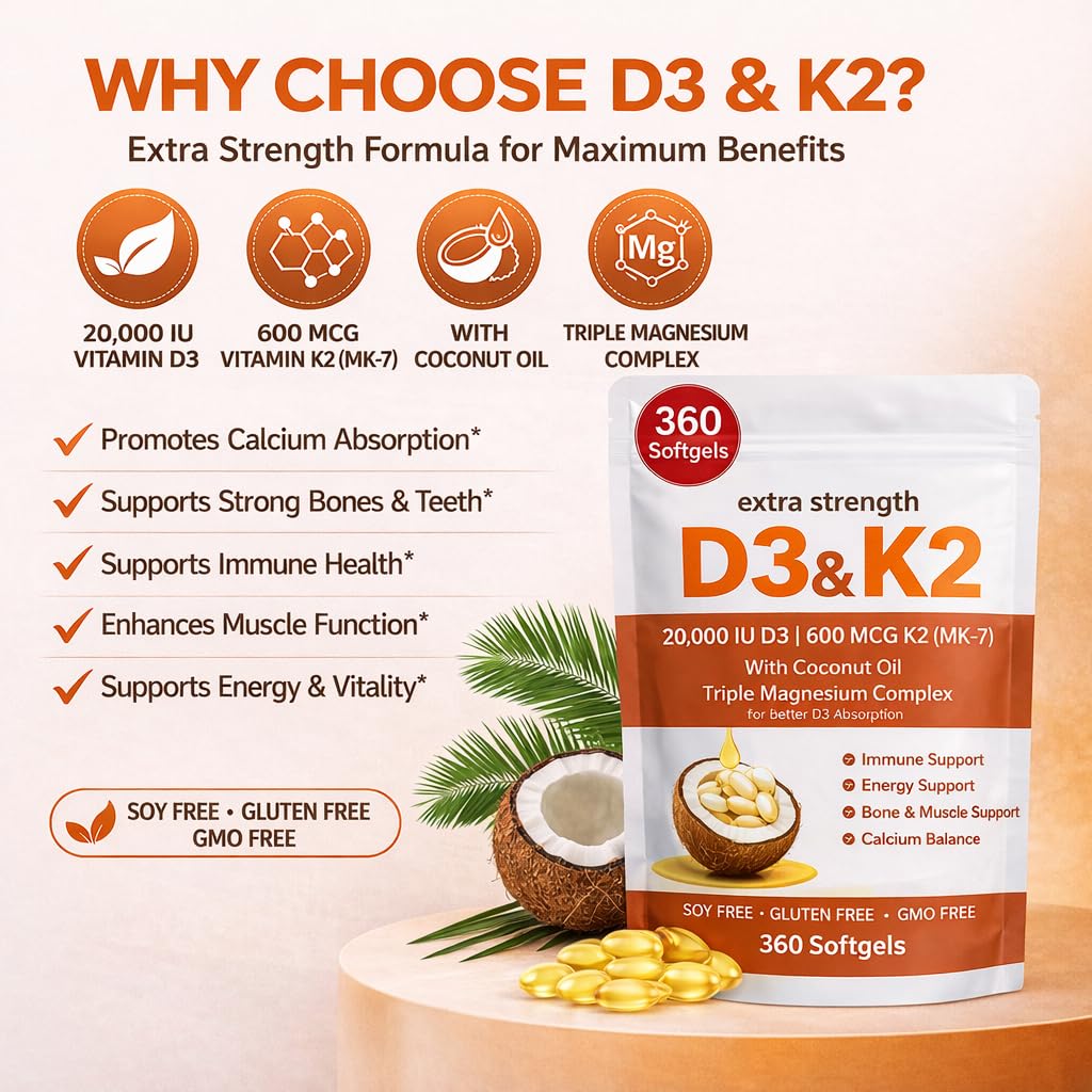 KUZEOLON Vitamin D3 K2 Magnesium Complex Softgels with Coconut Oil, 360 Softgels